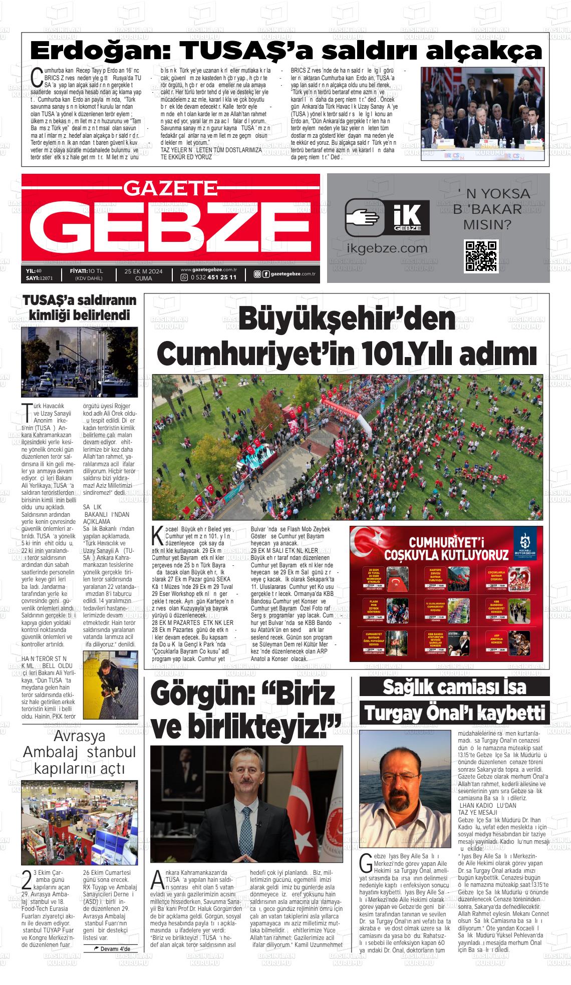 25 Ekim 2024 Gebze Gazete Manşeti