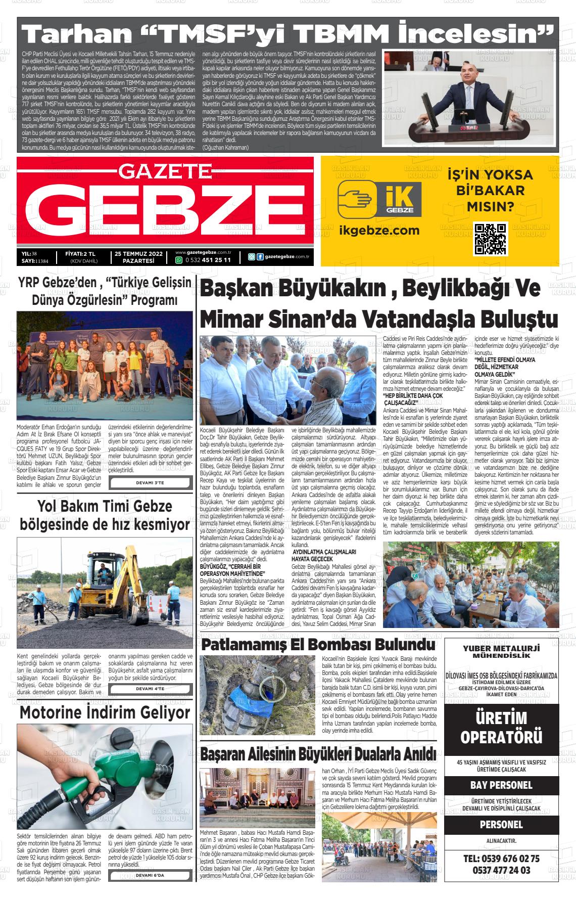 25 Temmuz 2022 Gebze Gazete Manşeti