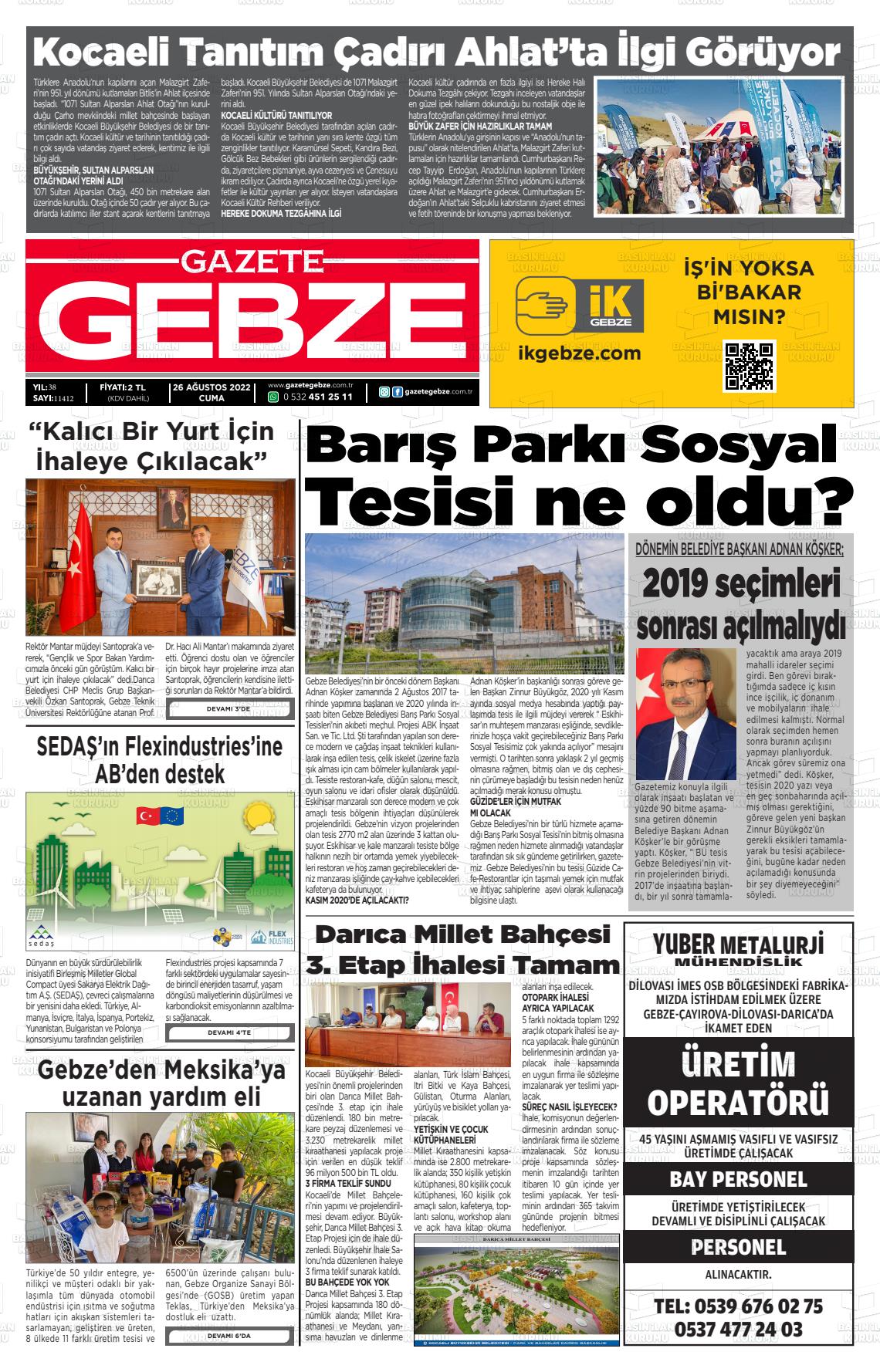 26 Ağustos 2022 Gebze Gazete Manşeti