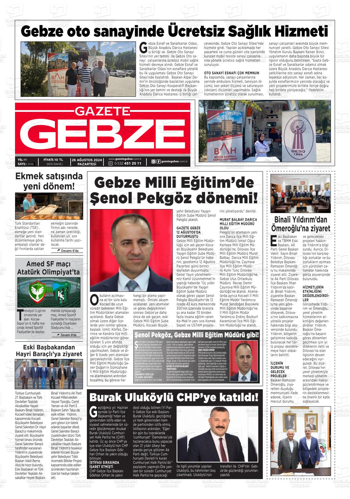 26 Ağustos 2024 Gebze Gazete Manşeti