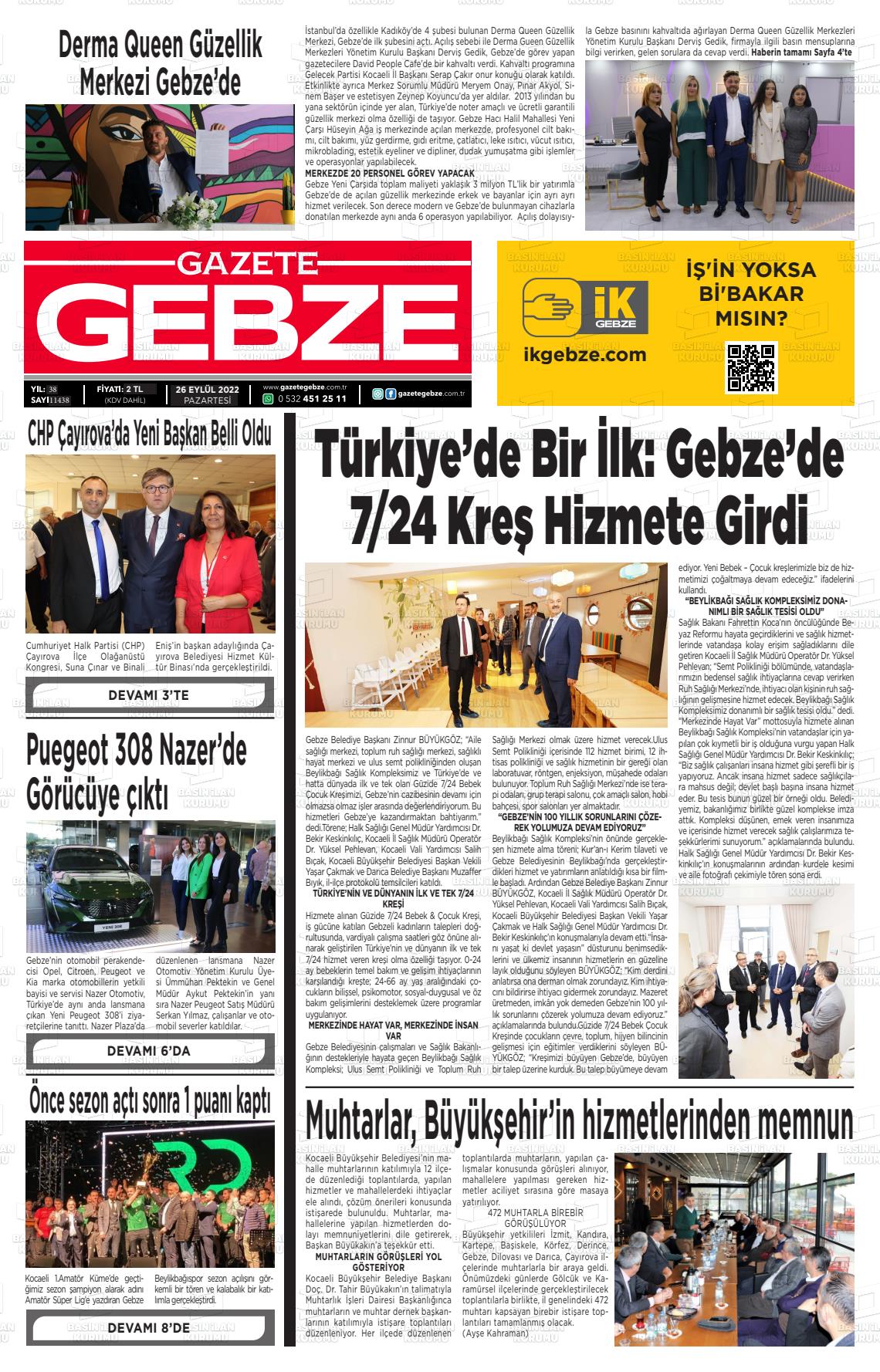 26 Eylül 2022 Gebze Gazete Manşeti