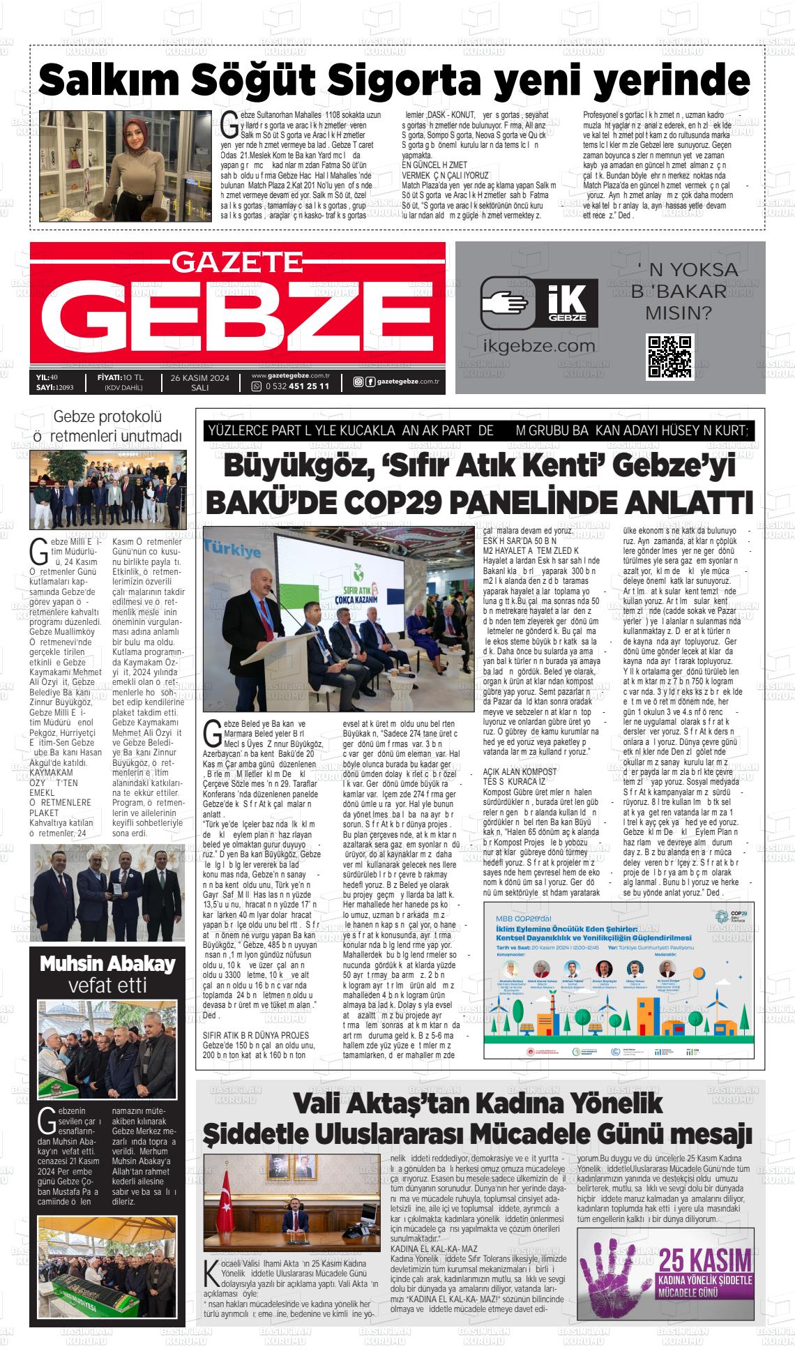 26 Kasım 2024 Gebze Gazete Manşeti