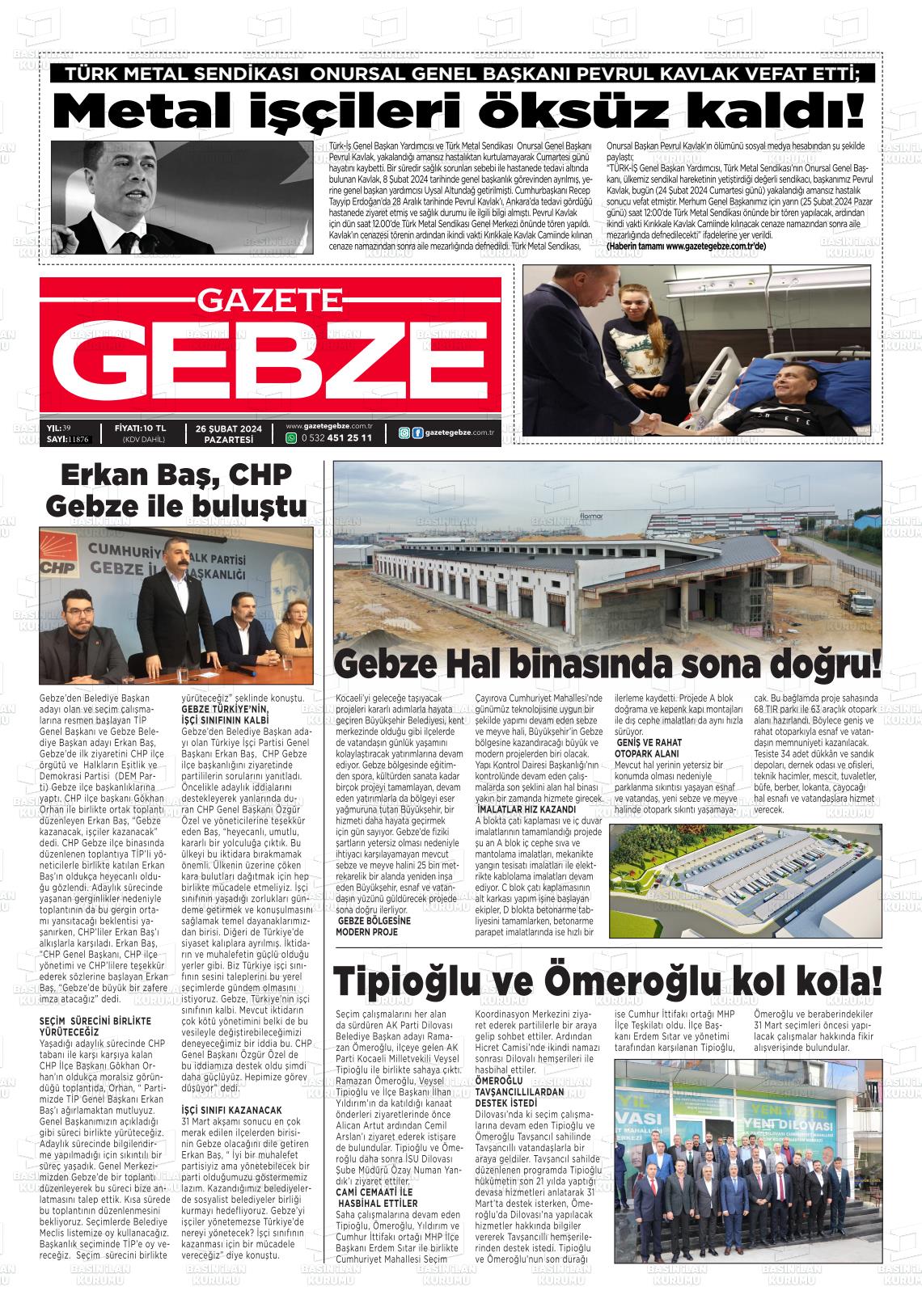 26 Şubat 2024 Gebze Gazete Manşeti