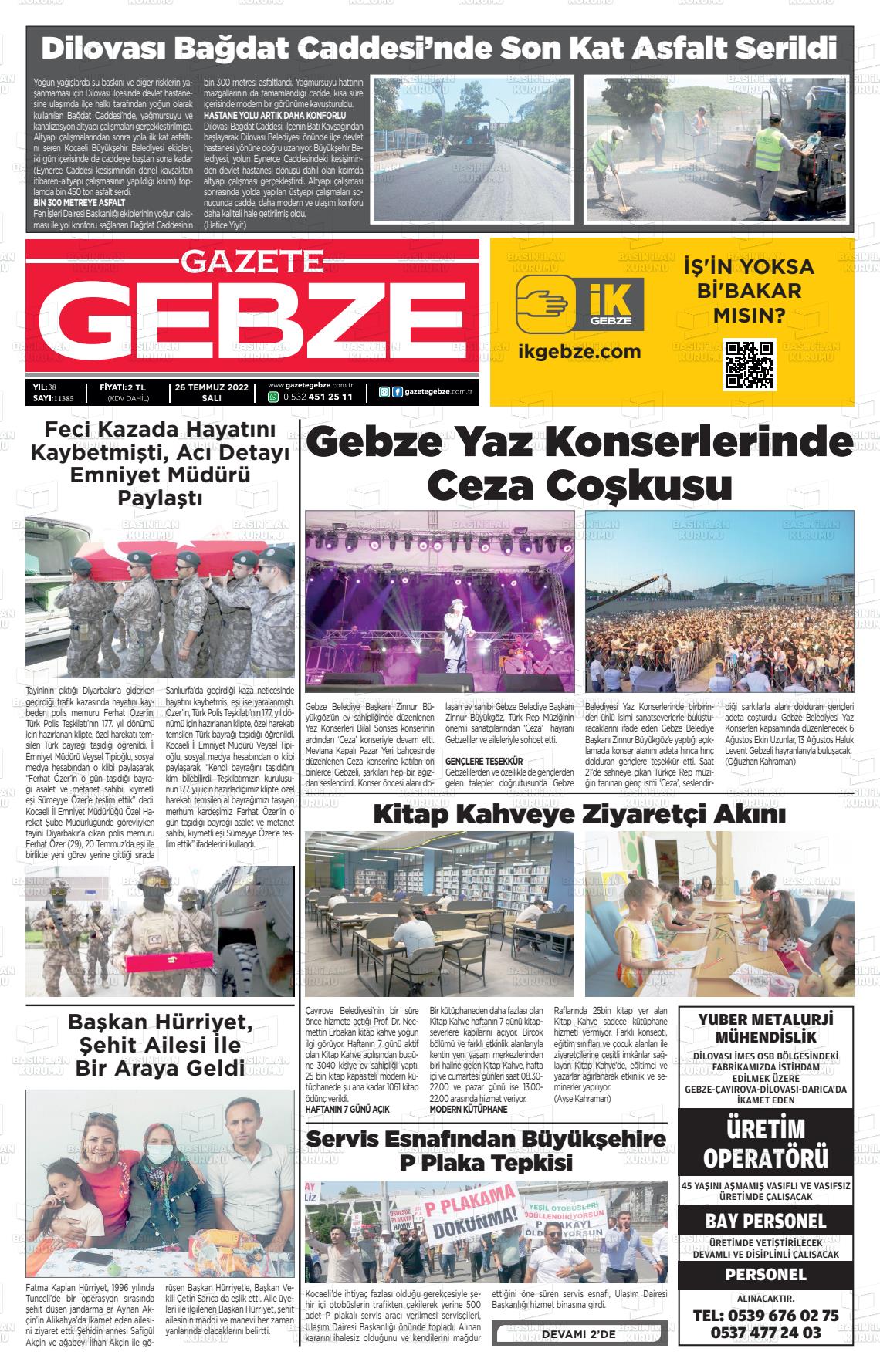 26 Temmuz 2022 Gebze Gazete Manşeti