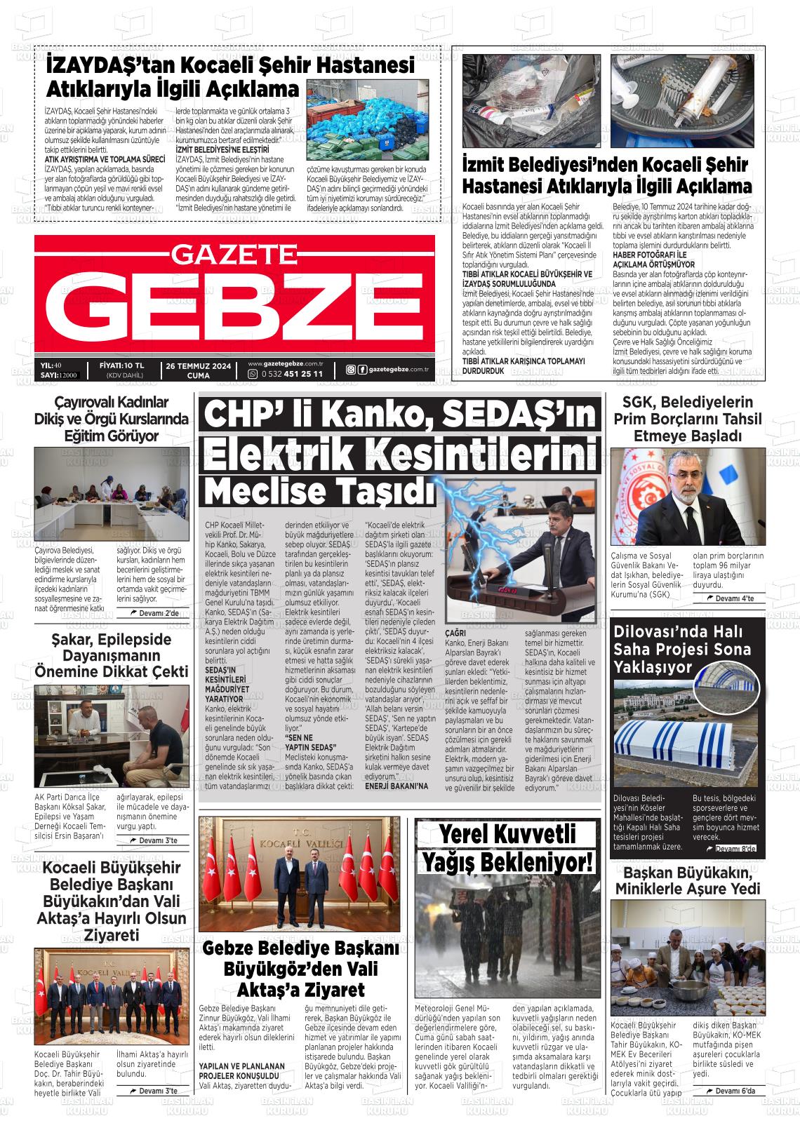 27 Temmuz 2024 Gebze Gazete Manşeti