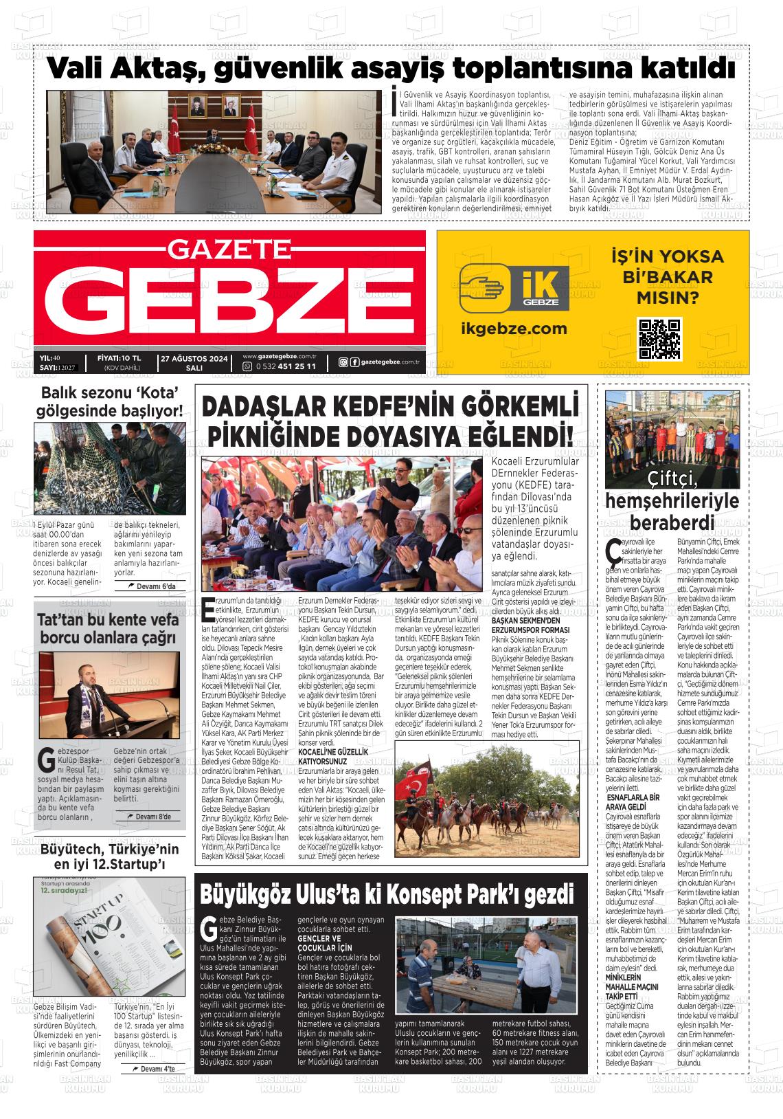 27 Ağustos 2024 Gebze Gazete Manşeti