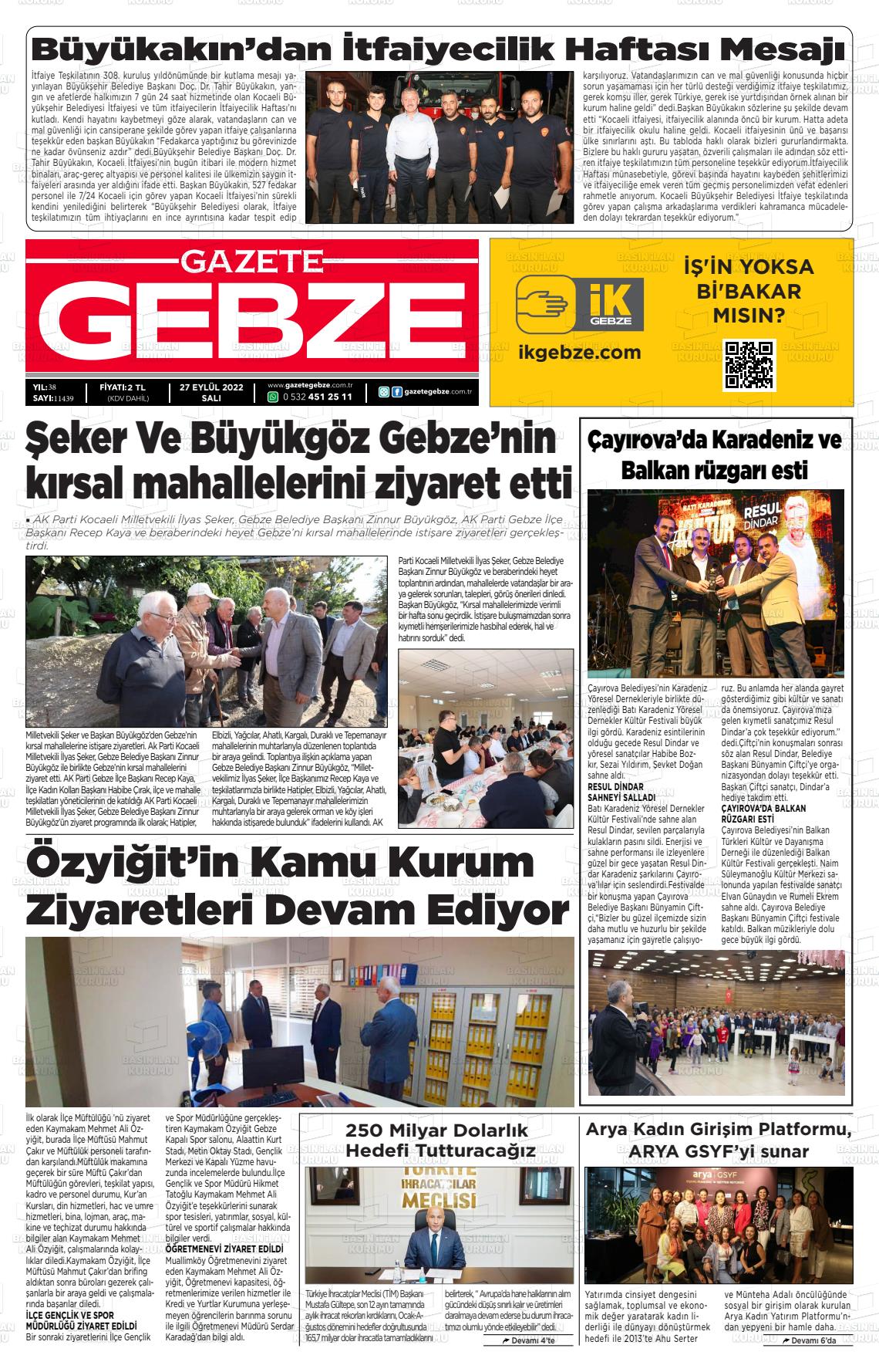 27 Eylül 2022 Gebze Gazete Manşeti