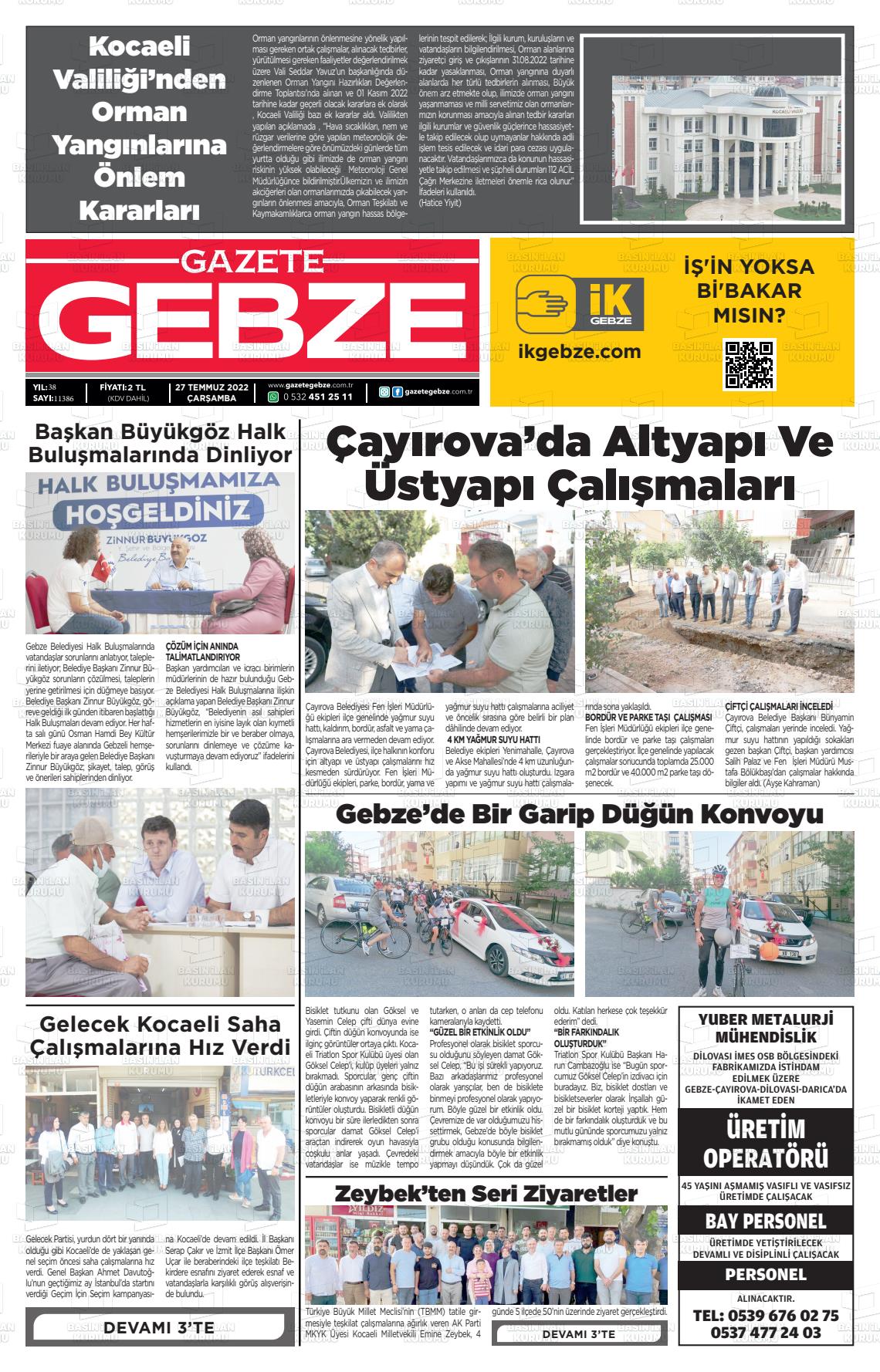 27 Temmuz 2022 Gebze Gazete Manşeti