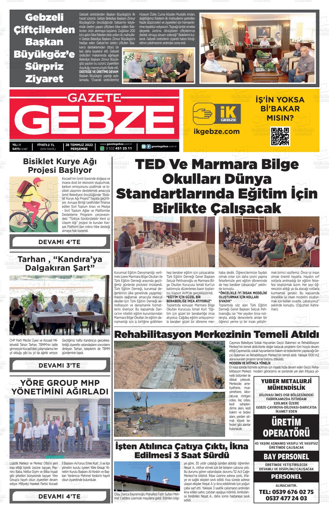 28 Temmuz 2022 Gebze Gazete Manşeti