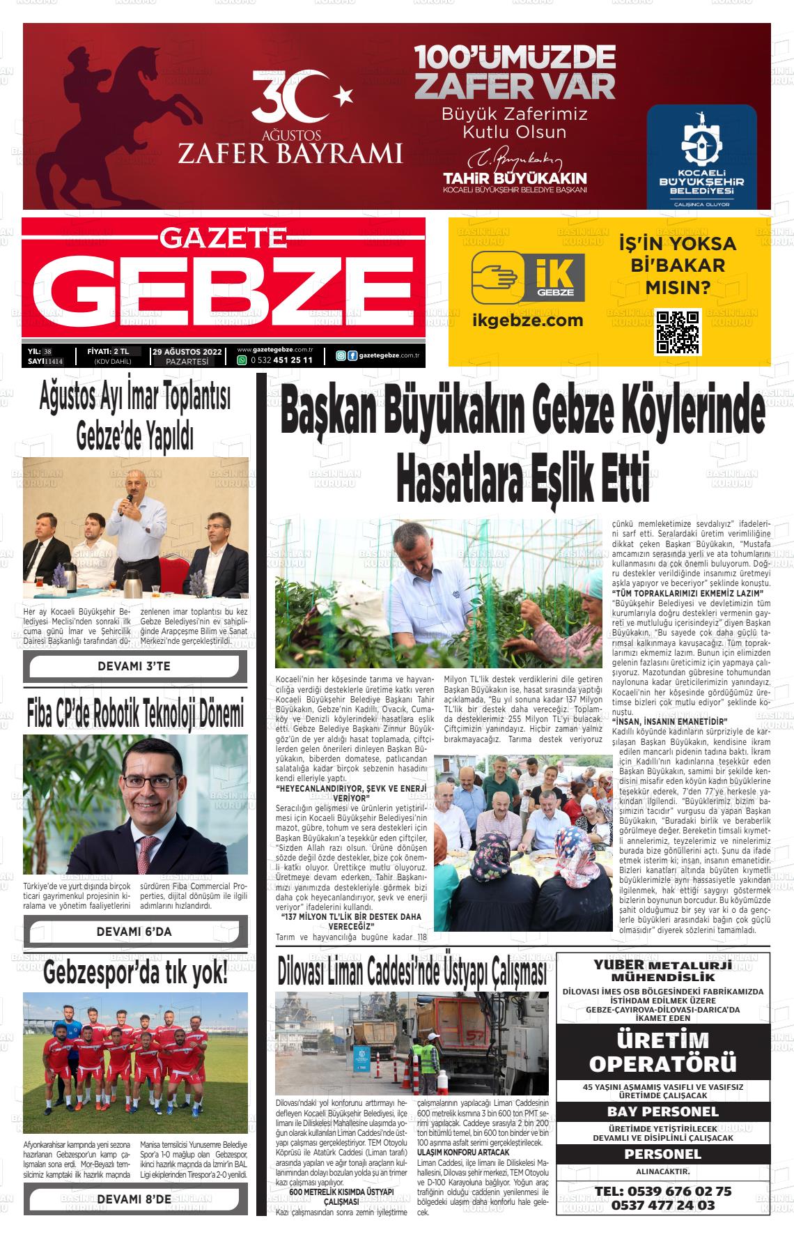 29 Ağustos 2022 Gebze Gazete Manşeti