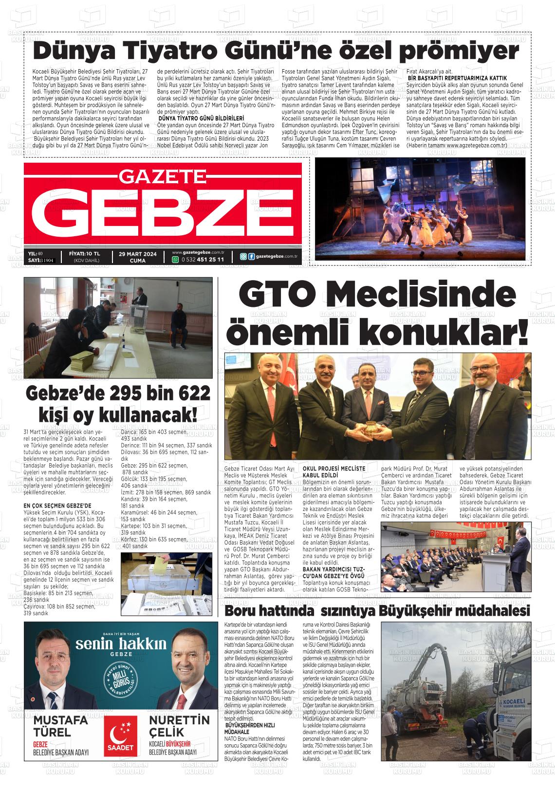 29 Mart 2024 Gebze Gazete Manşeti