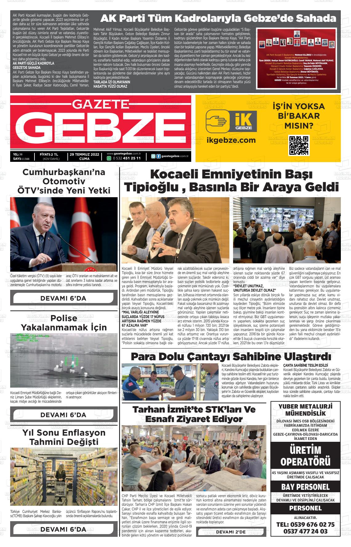 29 Temmuz 2022 Gebze Gazete Manşeti