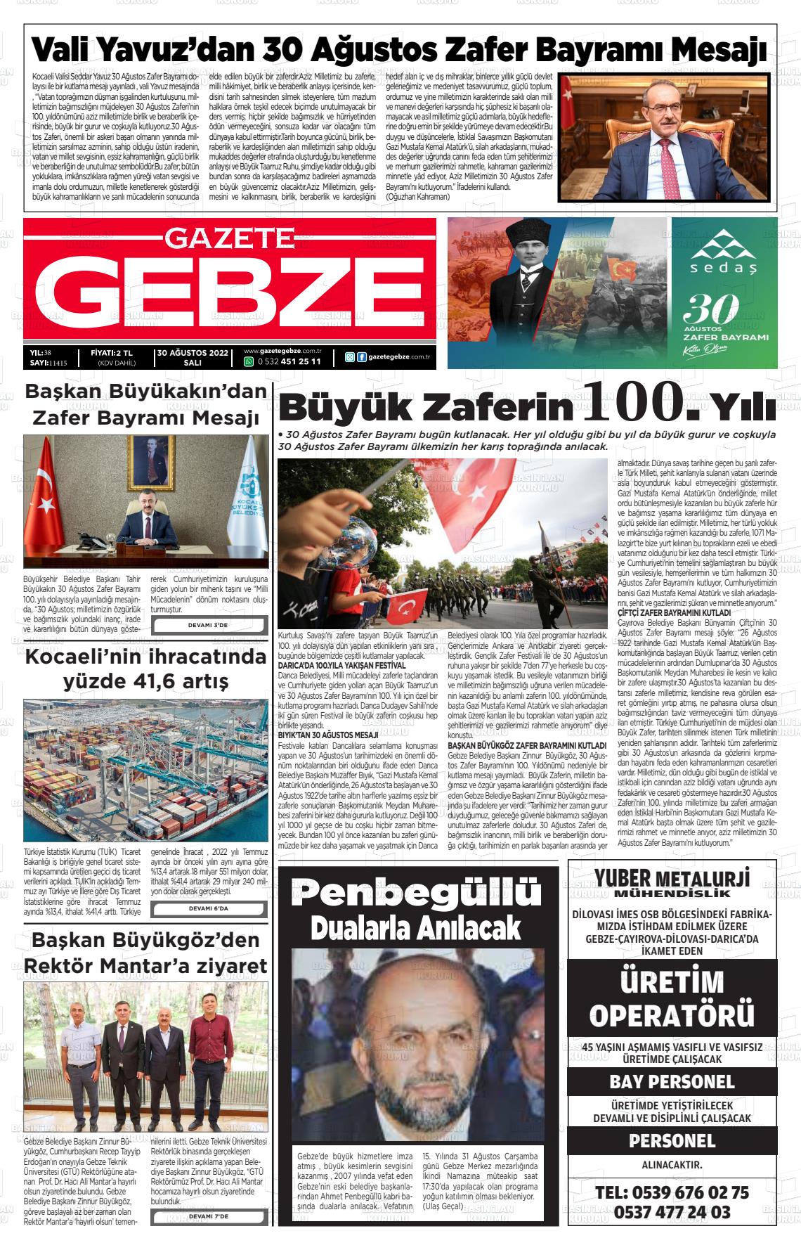 30 Ağustos 2022 Gebze Gazete Manşeti