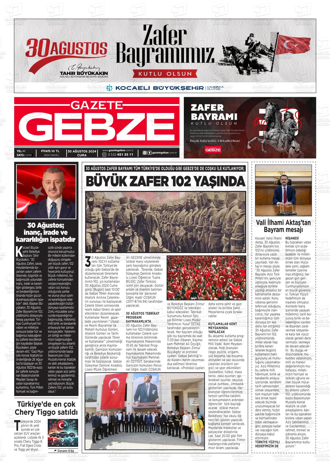 30 Ağustos 2024 Gebze Gazete Manşeti