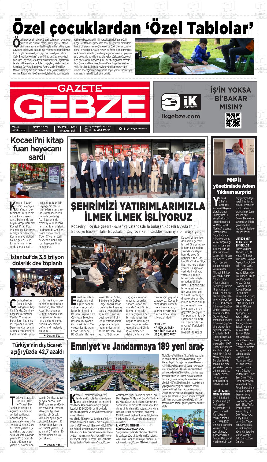 30 Eylül 2024 Gebze Gazete Manşeti