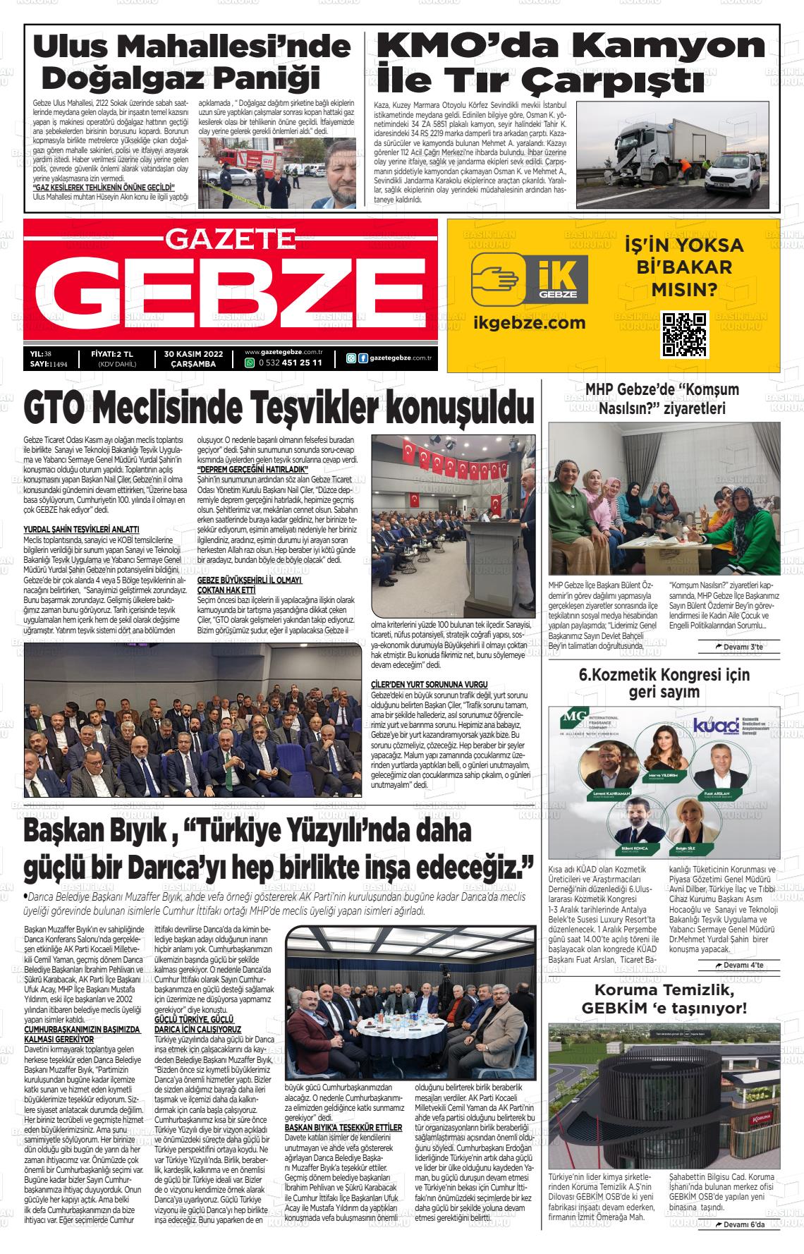 30 Kasım 2022 Gebze Gazete Manşeti