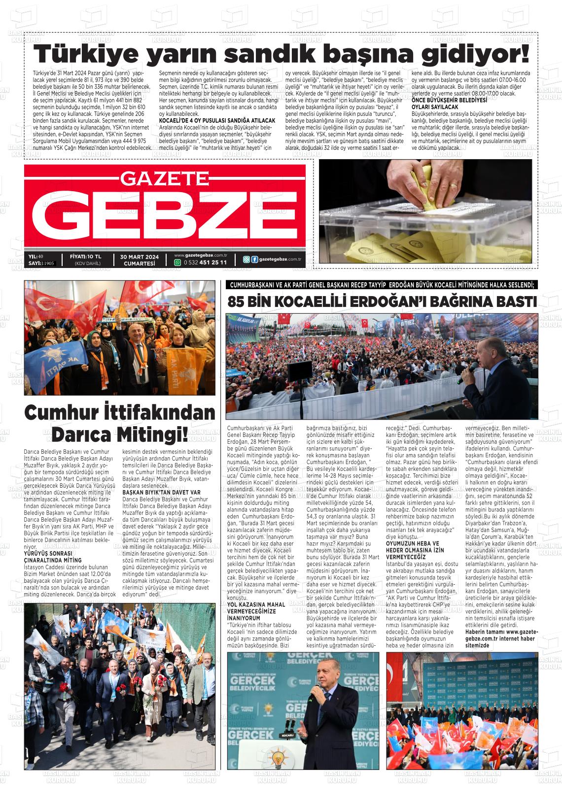 30 Mart 2024 Gebze Gazete Manşeti