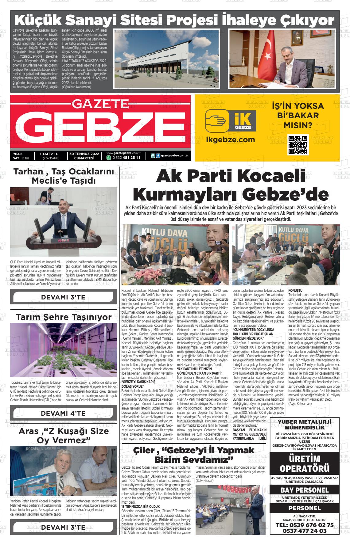 30 Temmuz 2022 Gebze Gazete Manşeti