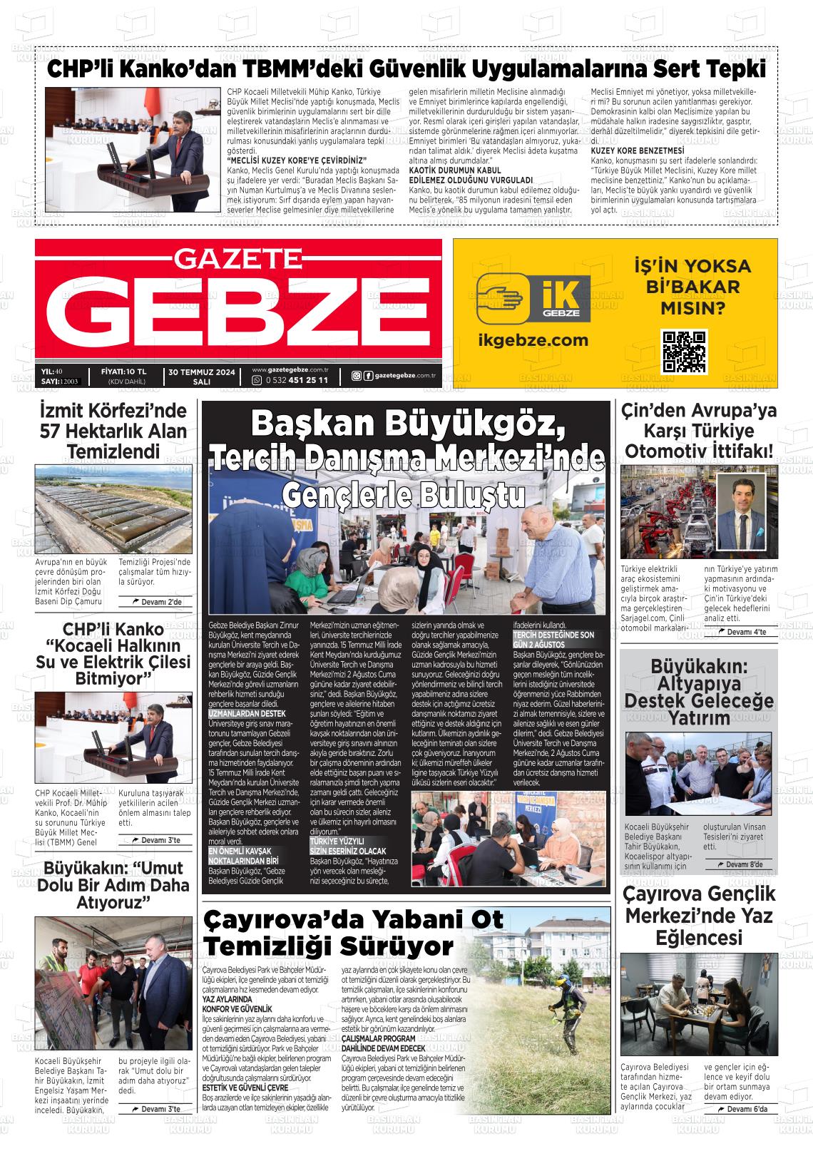 30 Temmuz 2024 Gebze Gazete Manşeti