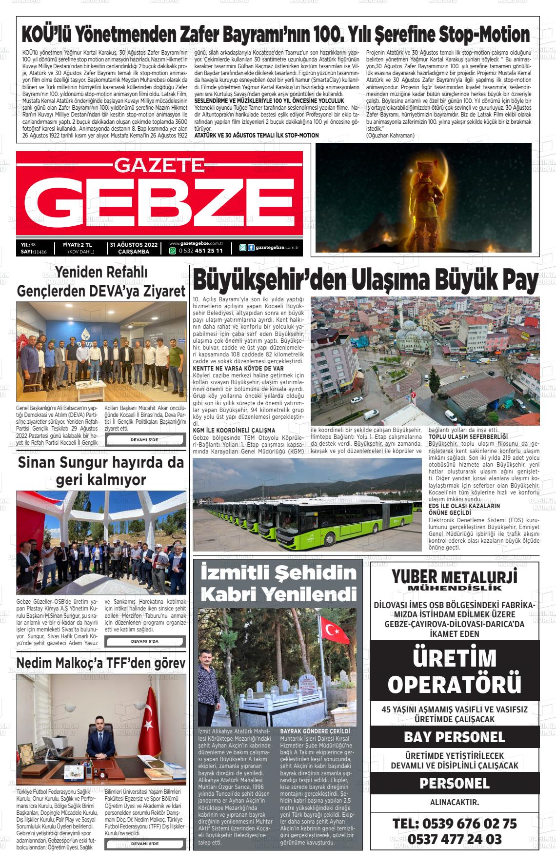 31 Ağustos 2022 Gebze Gazete Manşeti