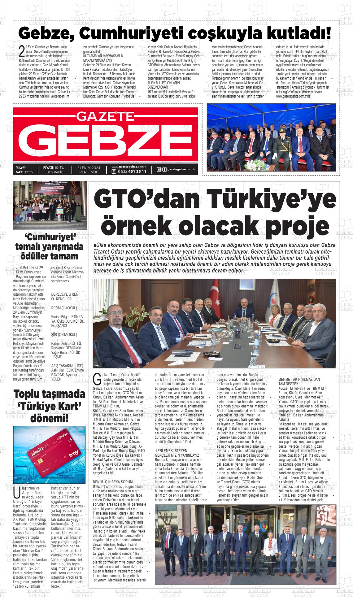 31 Ekim 2024 Gebze Gazete Manşeti