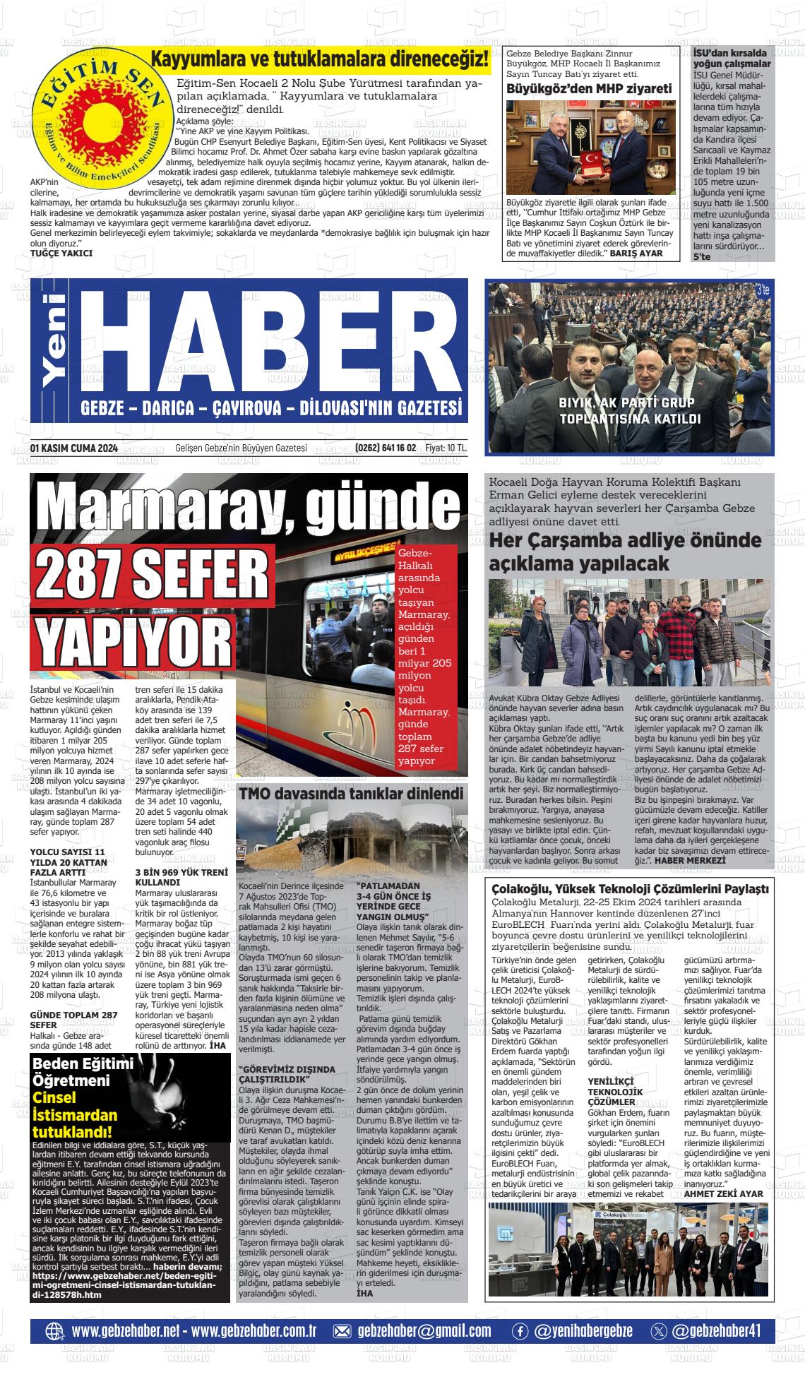 01 Kasım 2024 Gebze Haber Gazete Manşeti