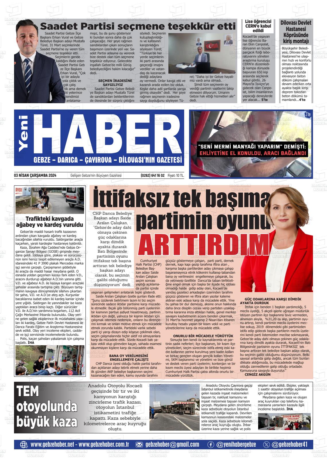 03 Nisan 2024 Gebze Haber Gazete Manşeti