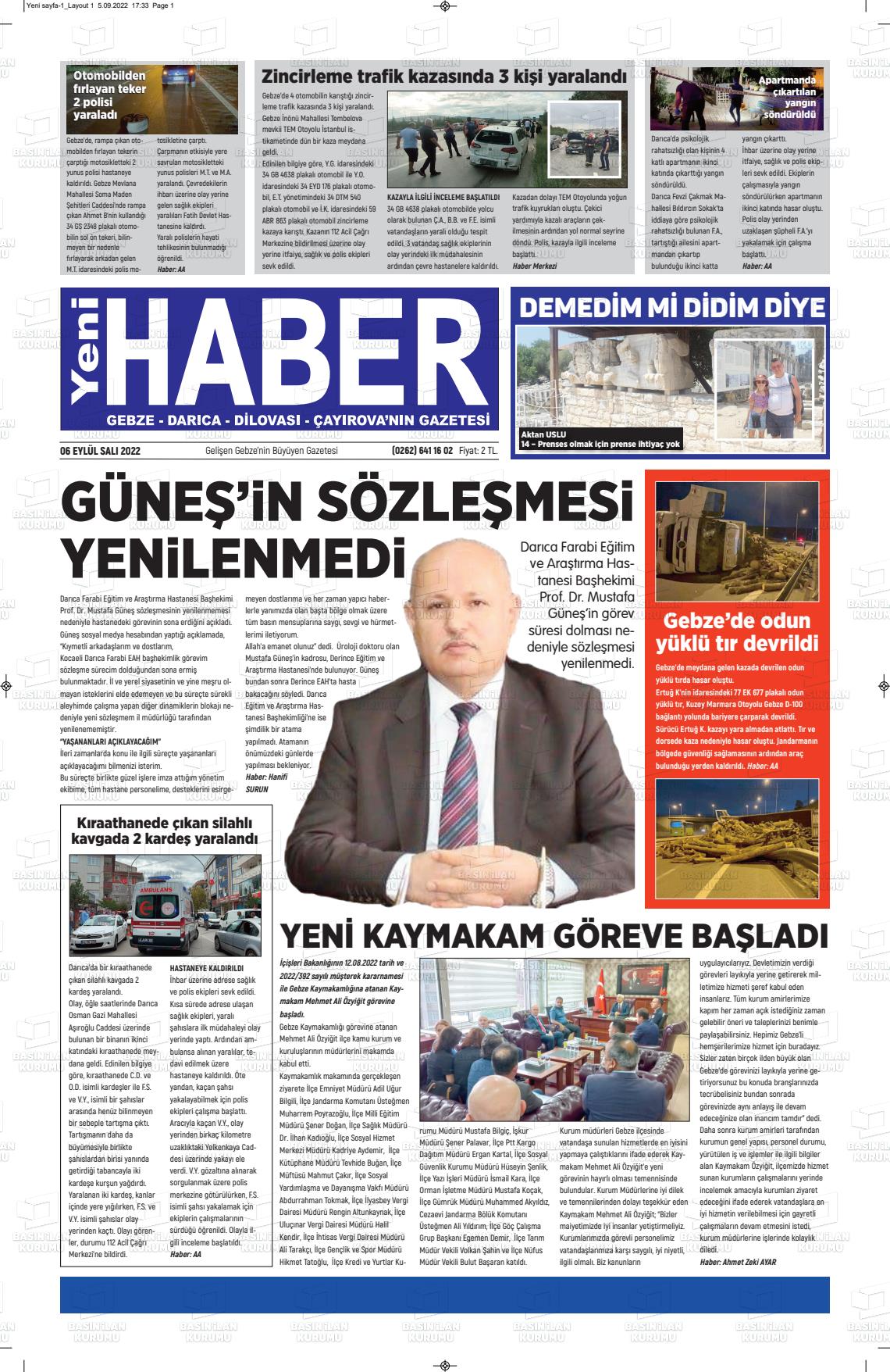 06 Eylül 2022 Gebze Haber Gazete Manşeti