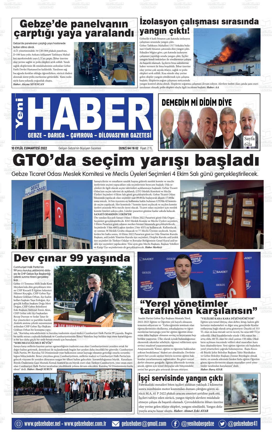 10 Eylül 2022 Gebze Haber Gazete Manşeti