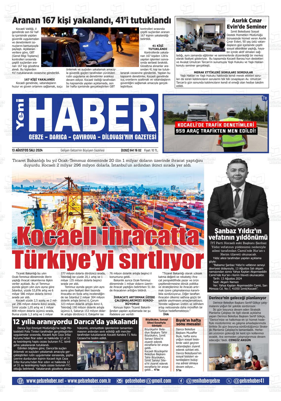 13 Ağustos 2024 Gebze Haber Gazete Manşeti