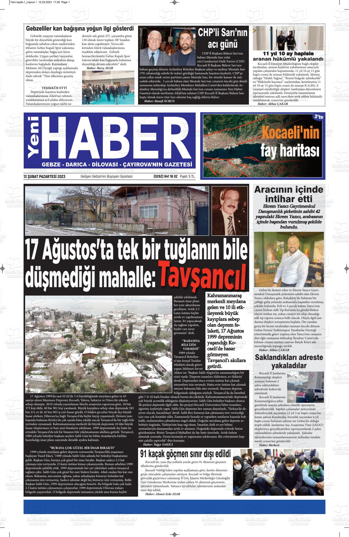 13 Şubat 2023 Gebze Haber Gazete Manşeti