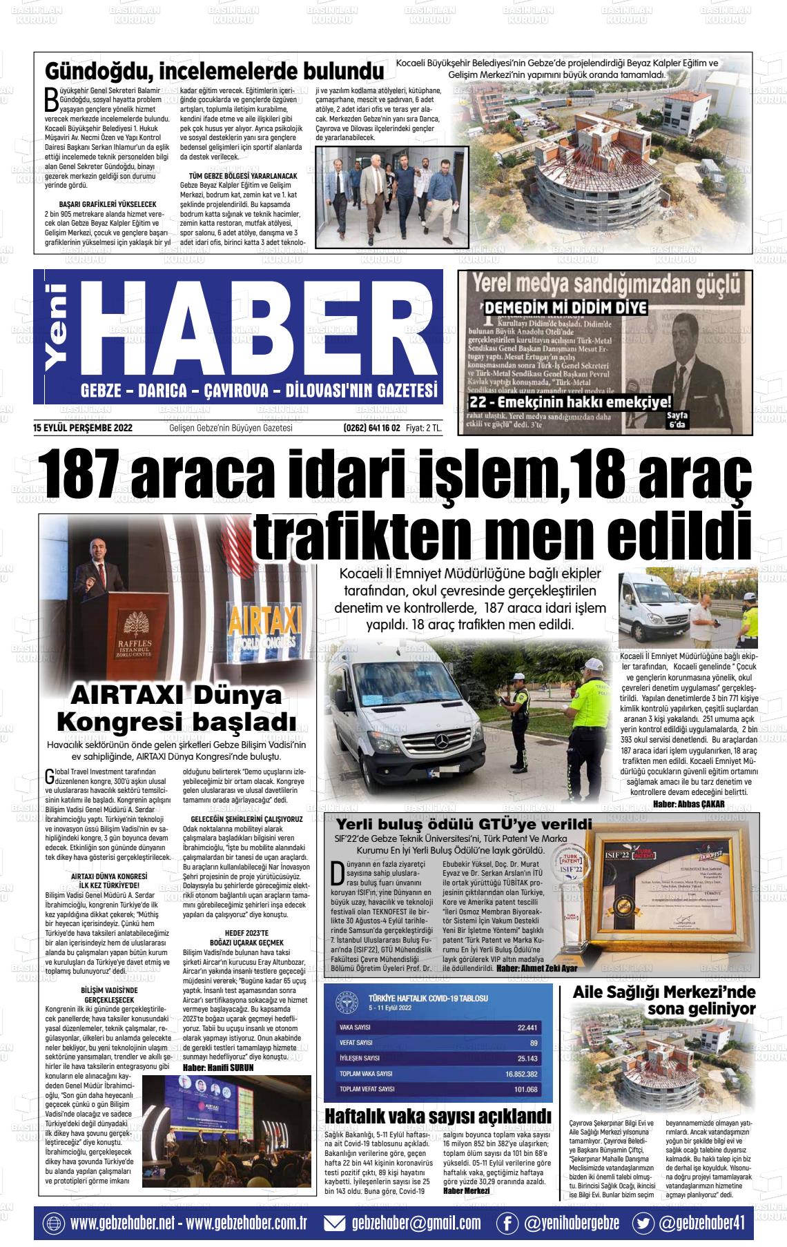 15 Eylül 2022 Gebze Haber Gazete Manşeti