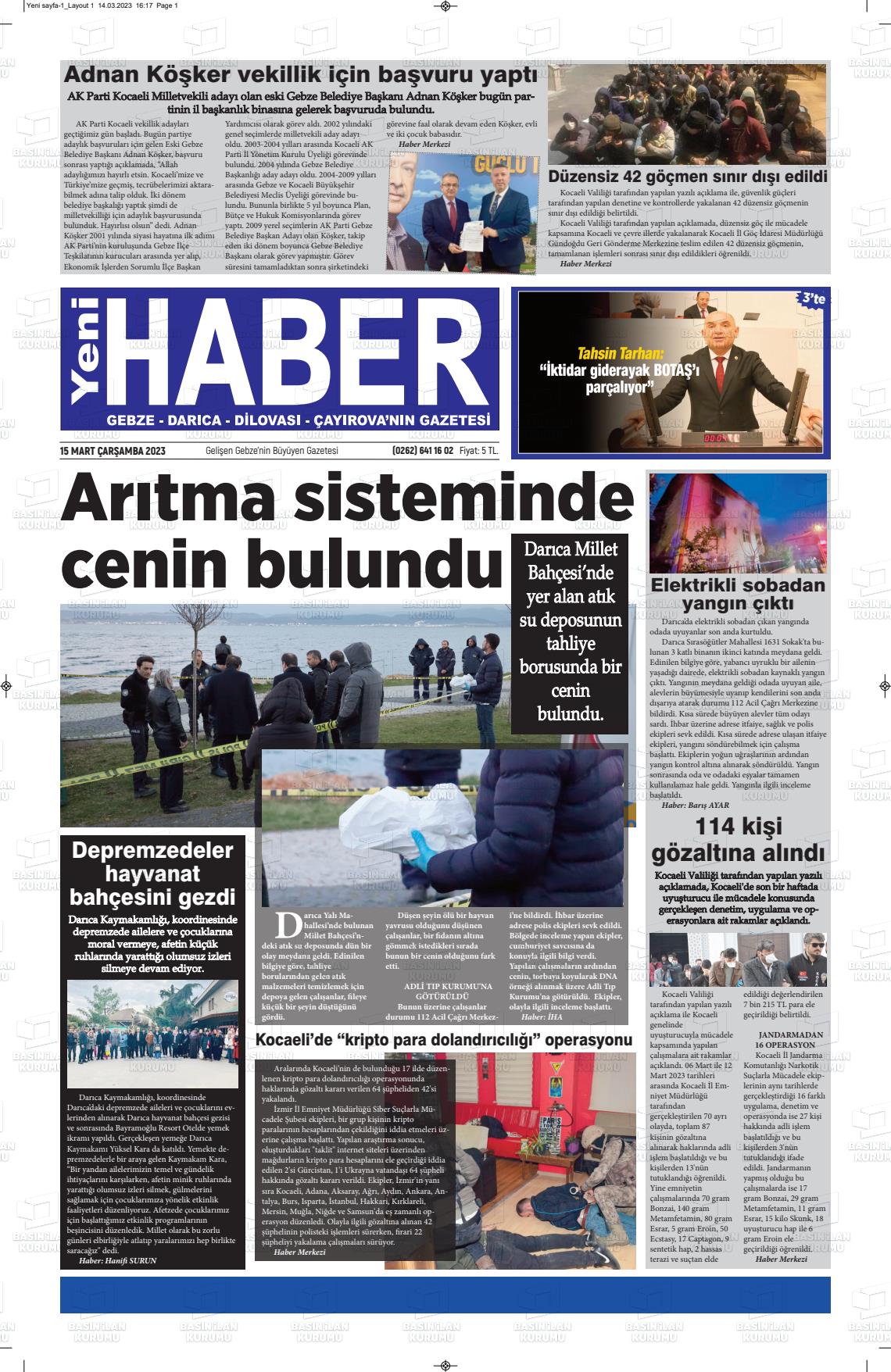 15 Mart 2023 Gebze Haber Gazete Manşeti