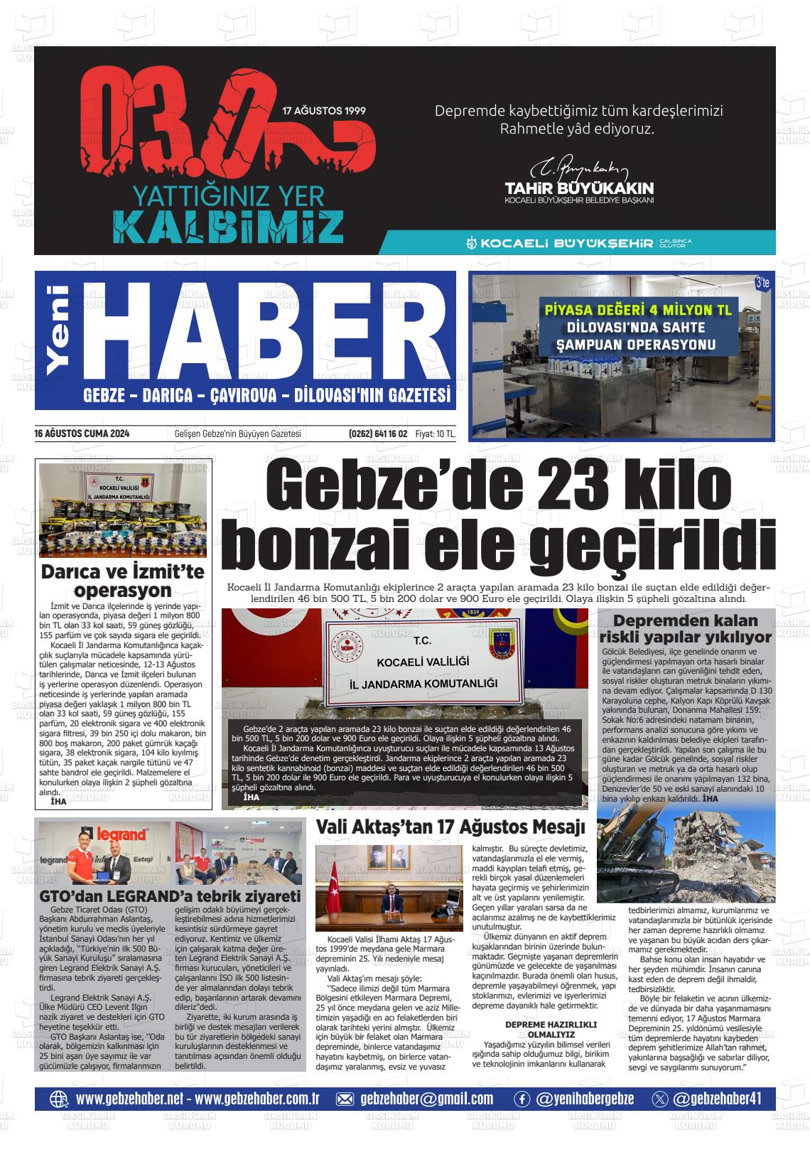 16 Ağustos 2024 Gebze Haber Gazete Manşeti