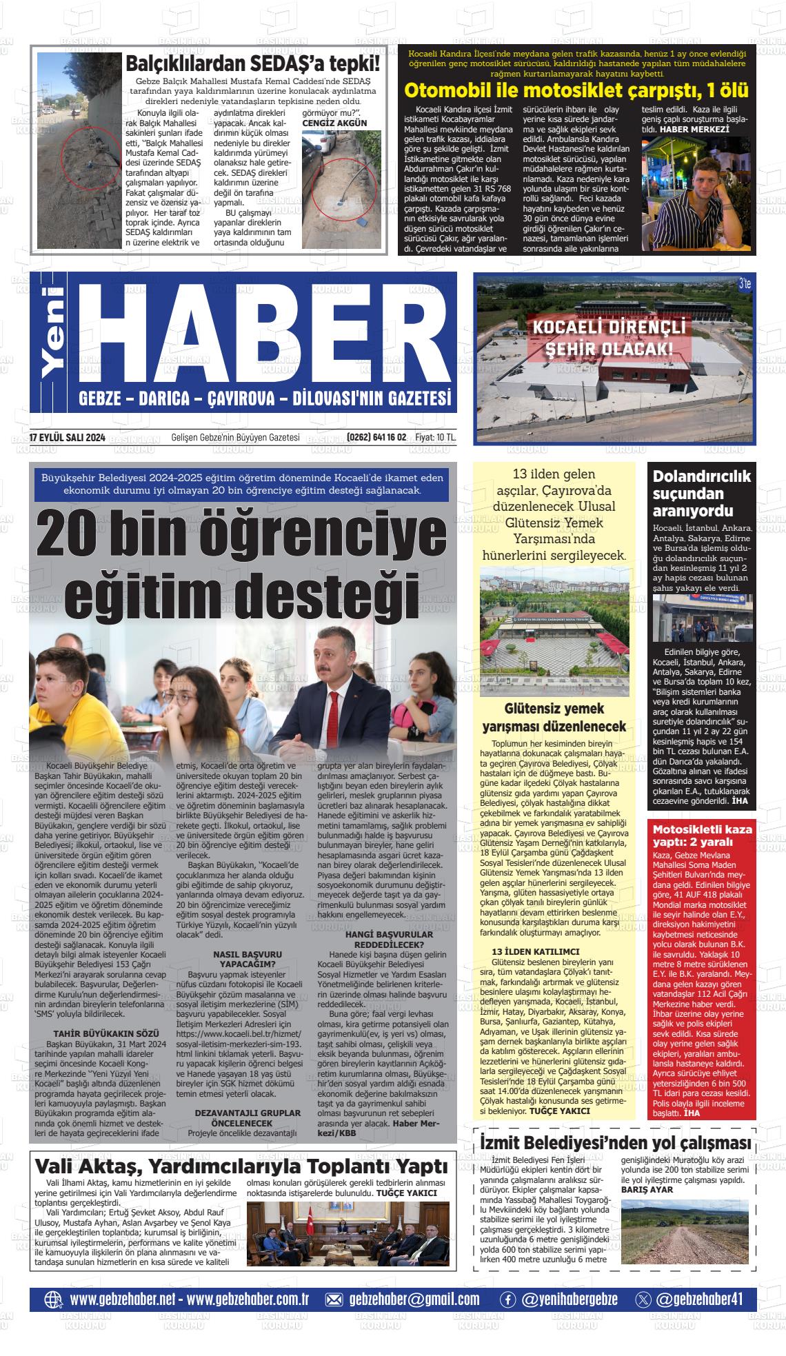 17 Eylül 2024 Gebze Haber Gazete Manşeti