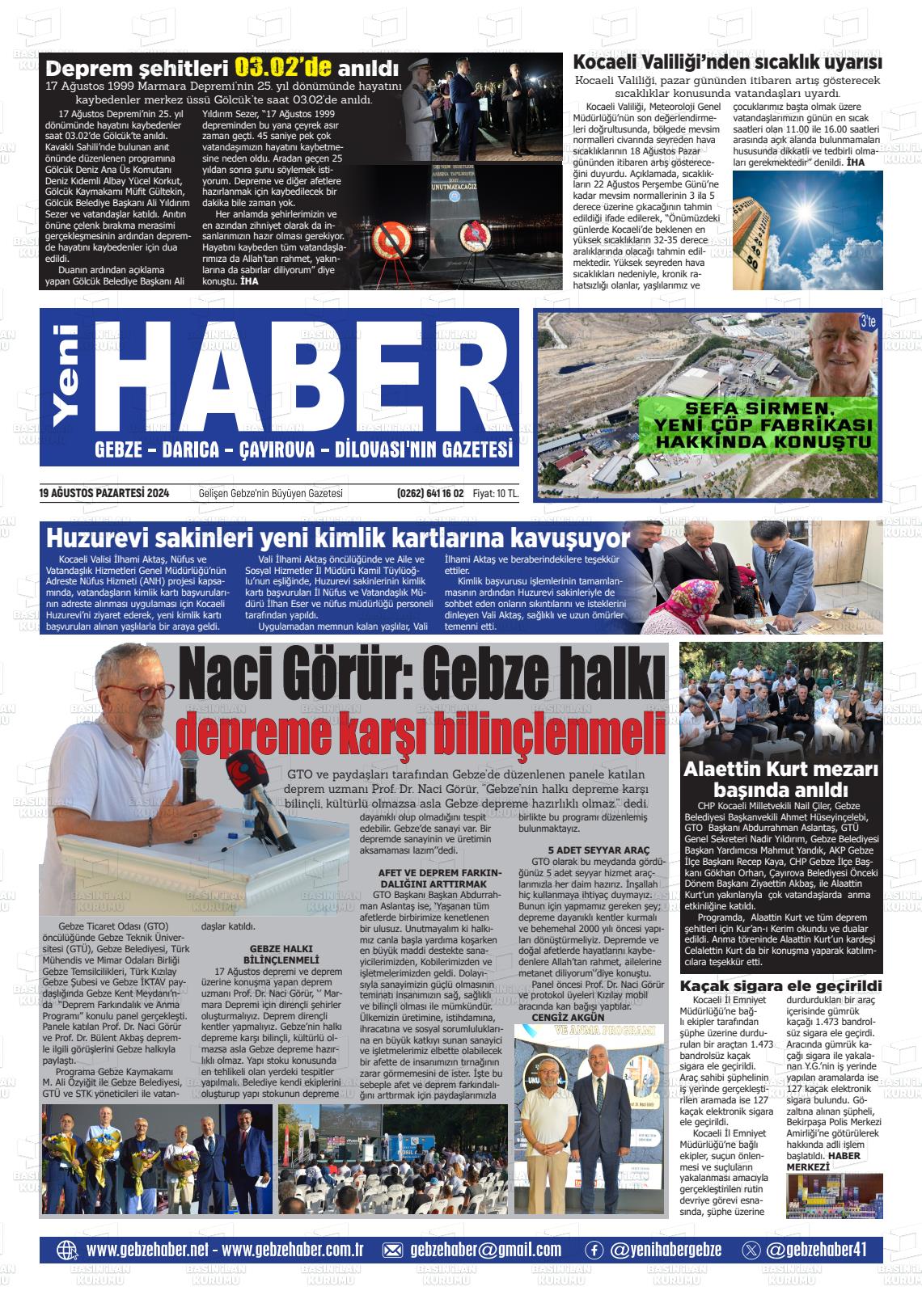 19 Ağustos 2024 Gebze Haber Gazete Manşeti