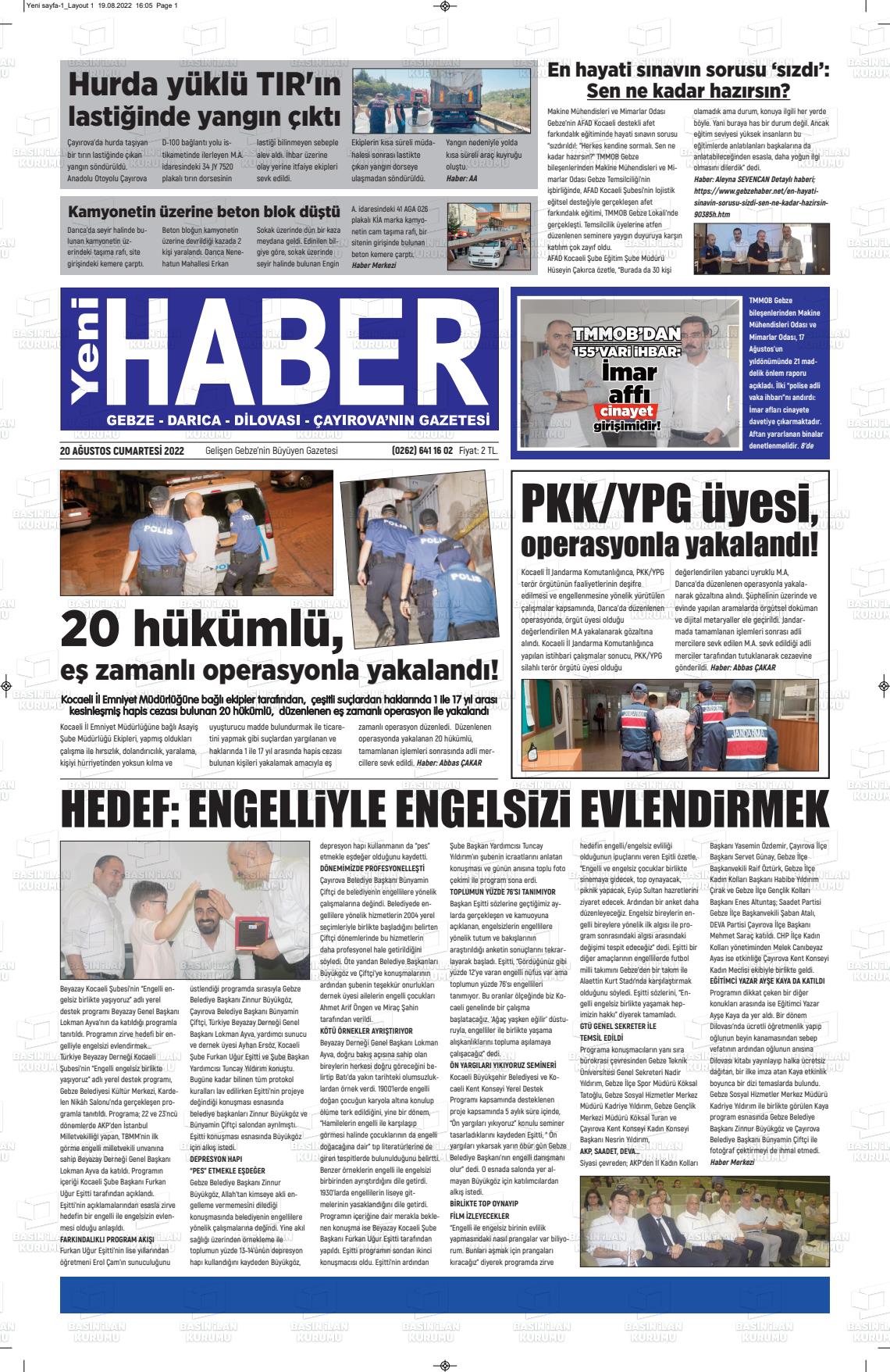 20 Ağustos 2022 Gebze Haber Gazete Manşeti