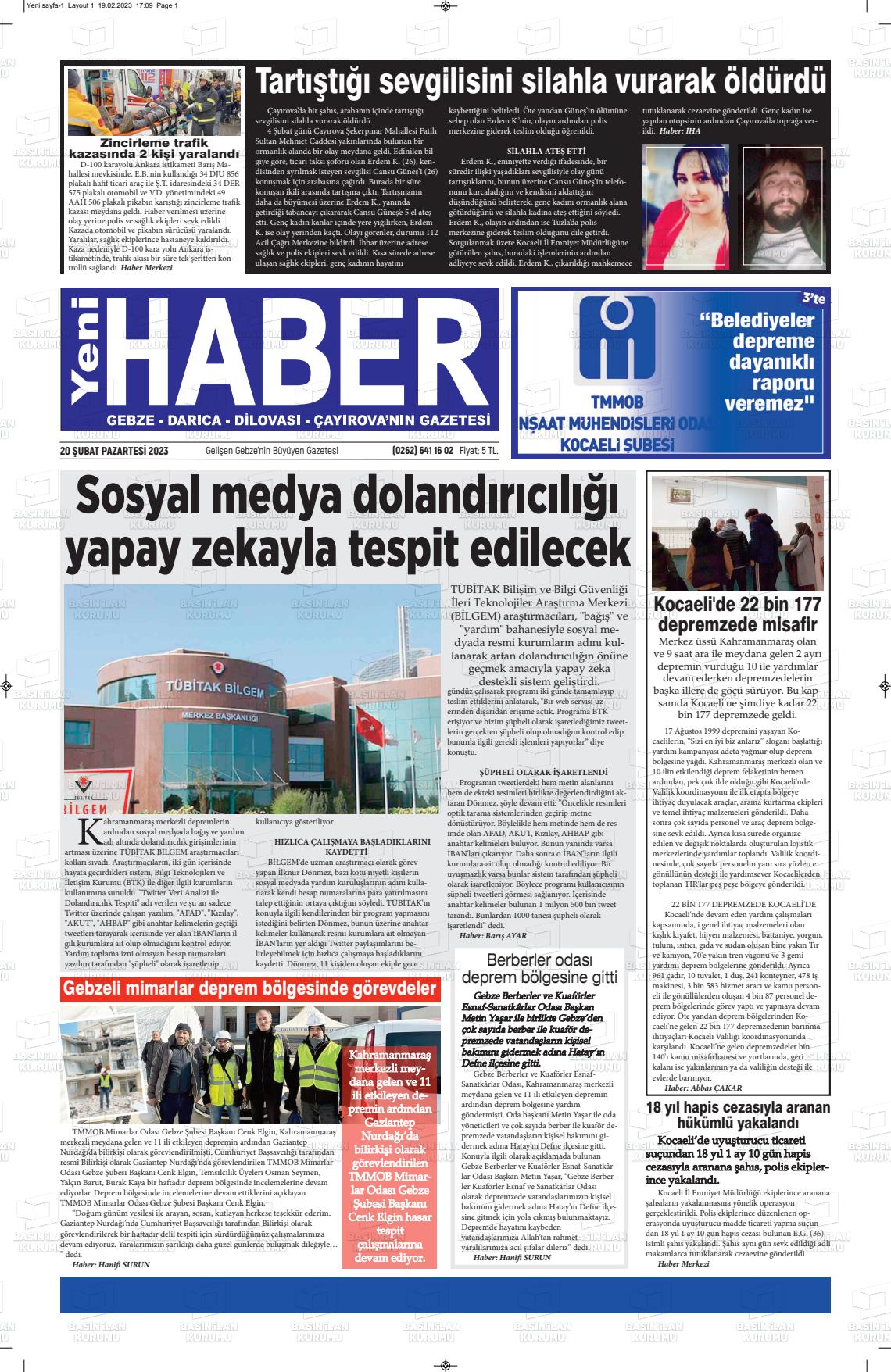 20 Şubat 2023 Gebze Haber Gazete Manşeti