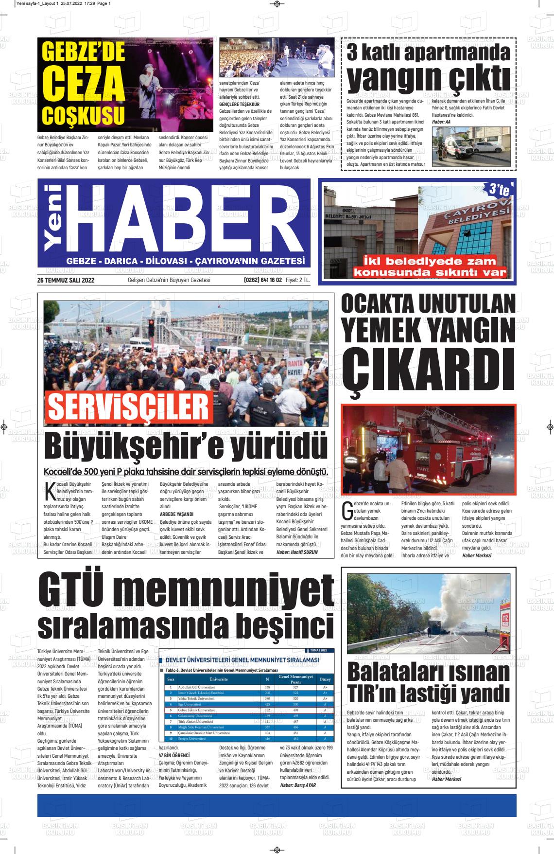 26 Temmuz 2022 Gebze Haber Gazete Manşeti