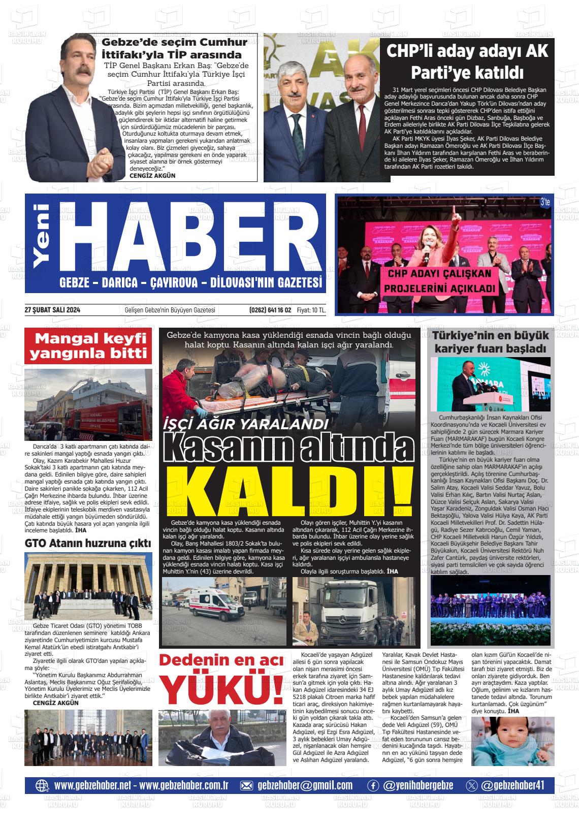 27 Şubat 2024 Gebze Haber Gazete Manşeti