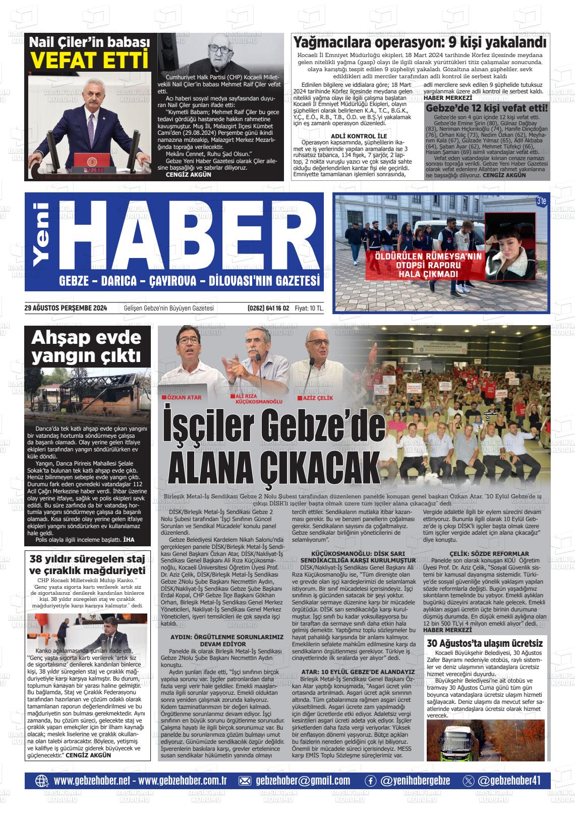 29 Ağustos 2024 Gebze Haber Gazete Manşeti