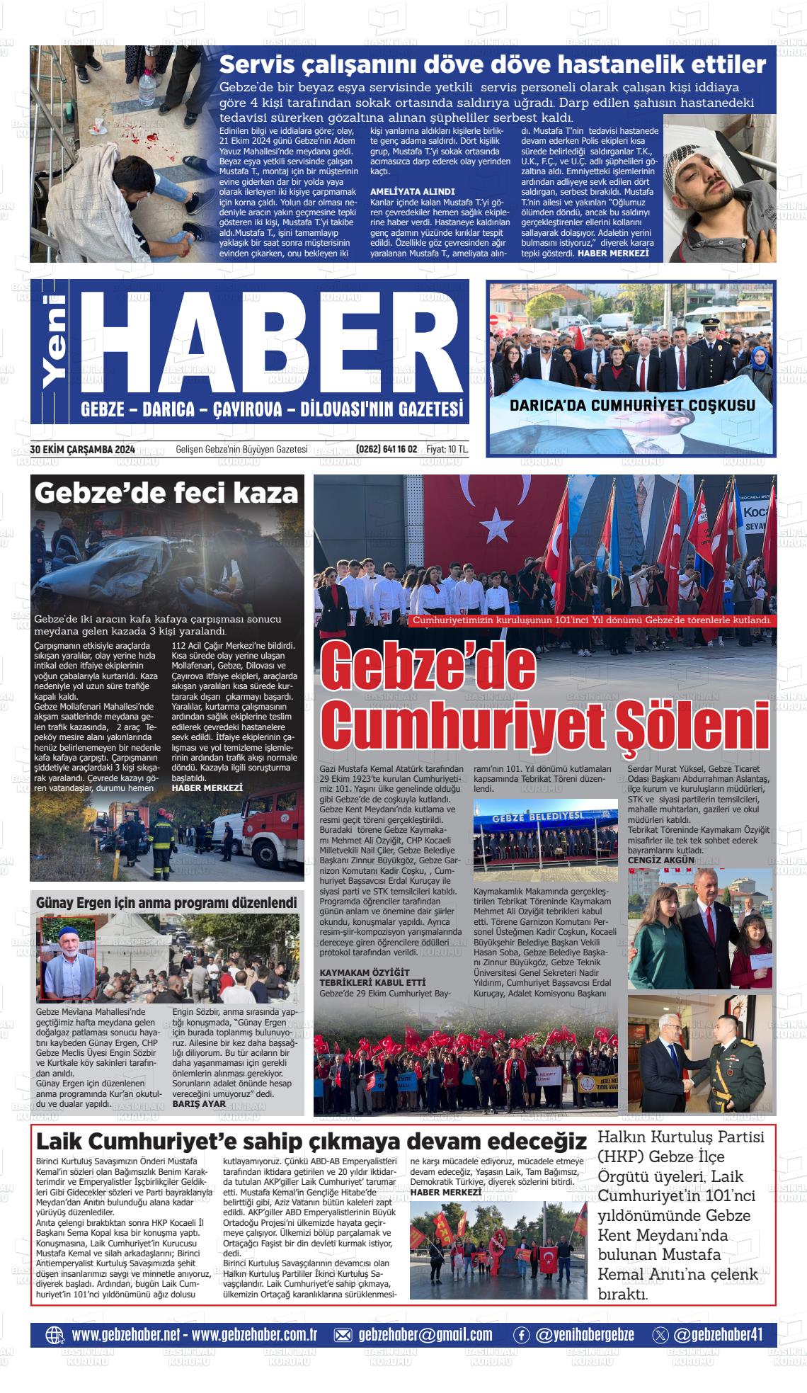 30 Ekim 2024 Gebze Haber Gazete Manşeti