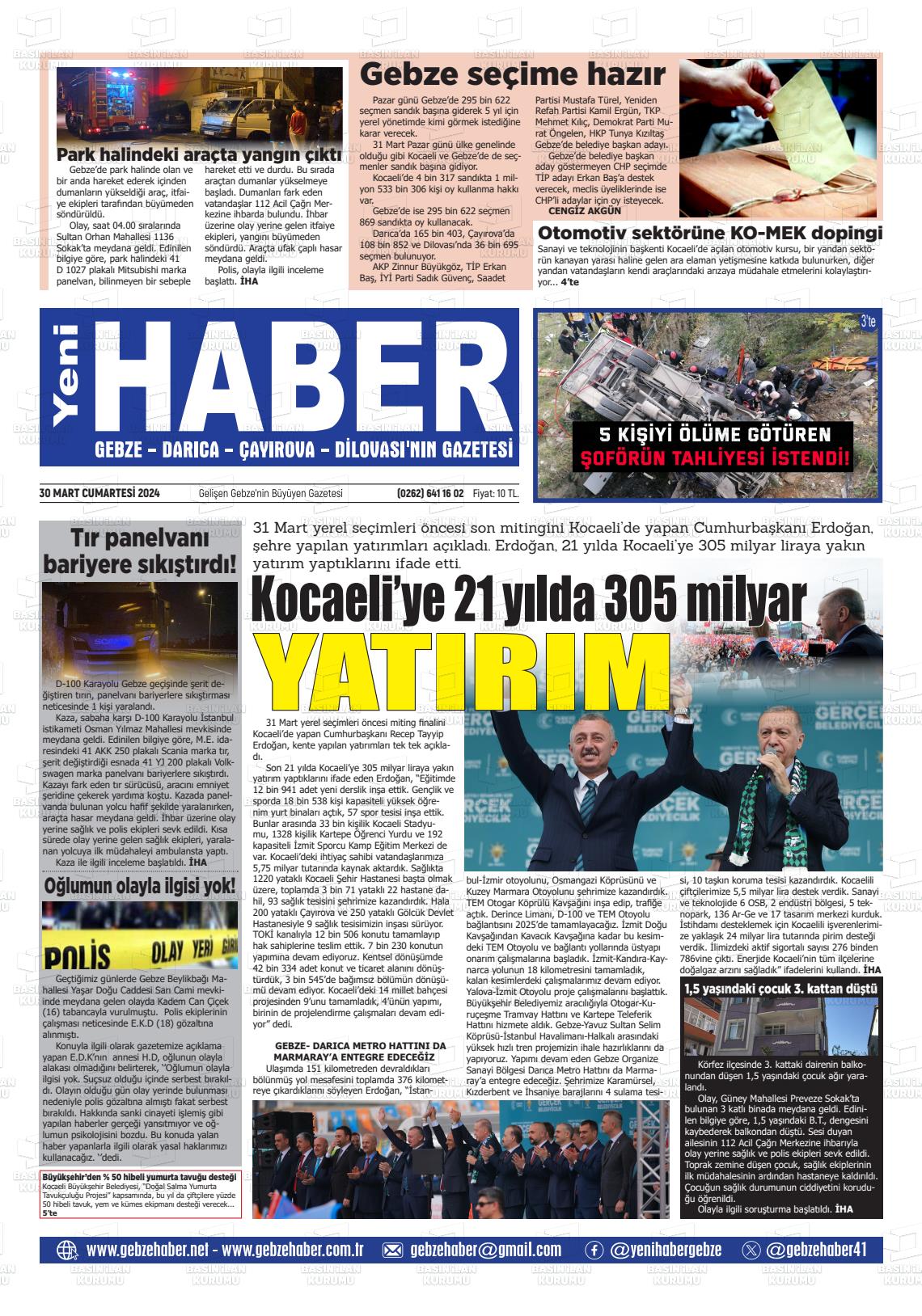 30 Mart 2024 Gebze Haber Gazete Manşeti