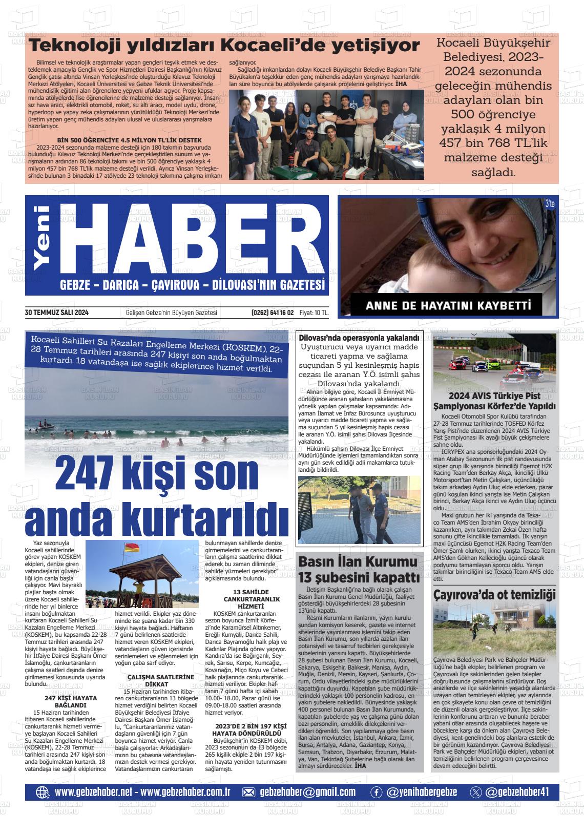 30 Temmuz 2024 Gebze Haber Gazete Manşeti