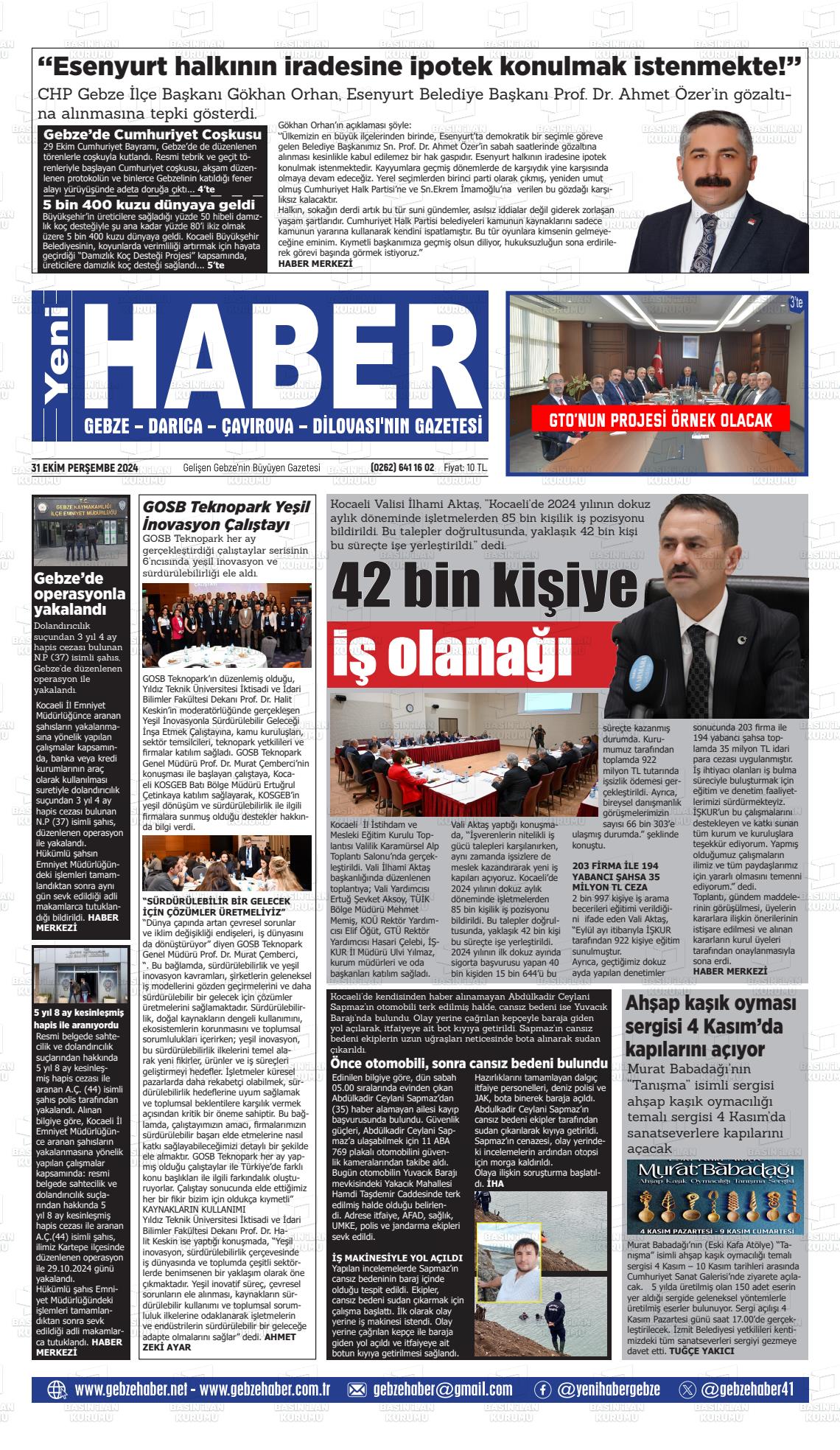 31 Ekim 2024 Gebze Haber Gazete Manşeti