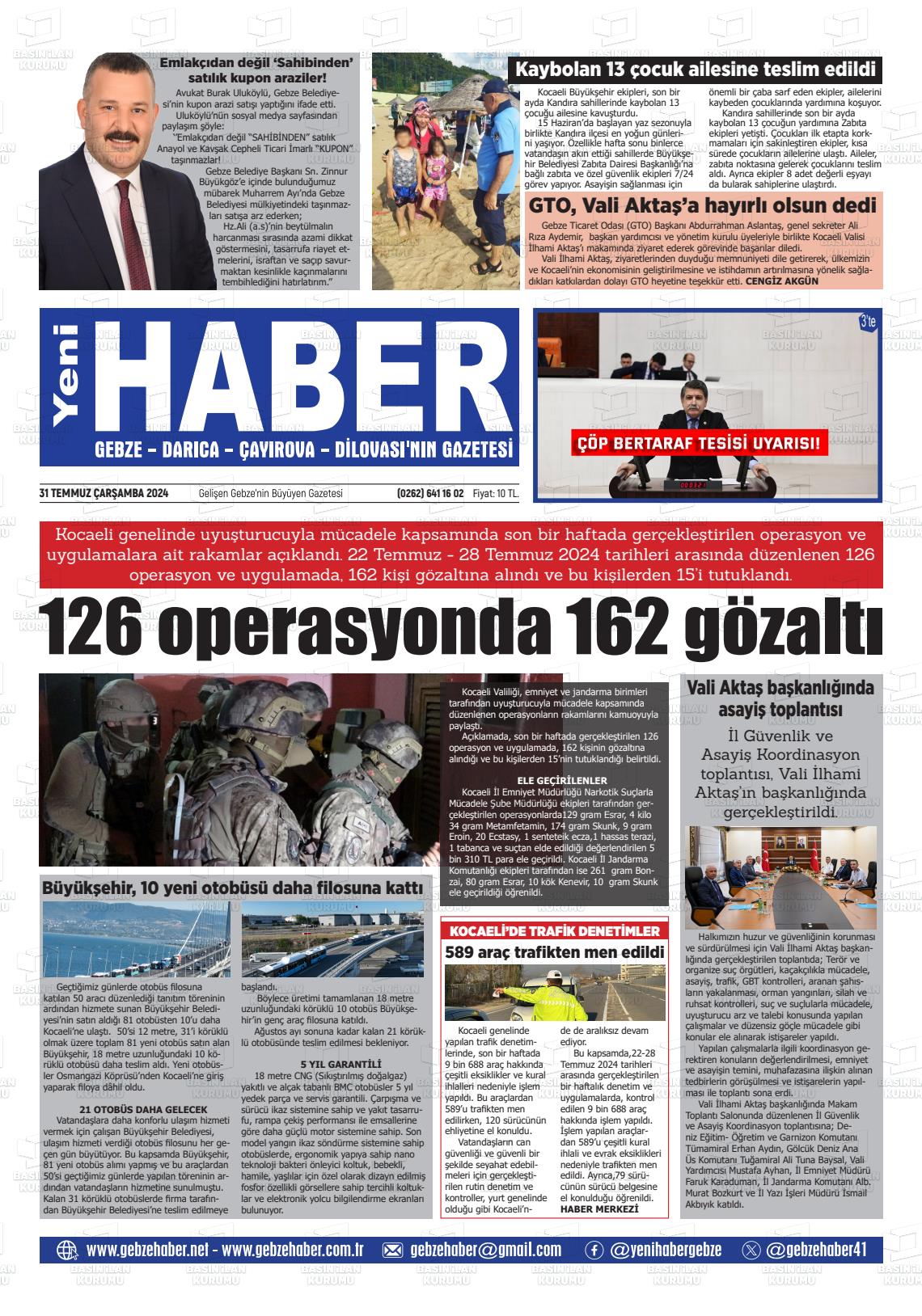 31 Temmuz 2024 Gebze Haber Gazete Manşeti