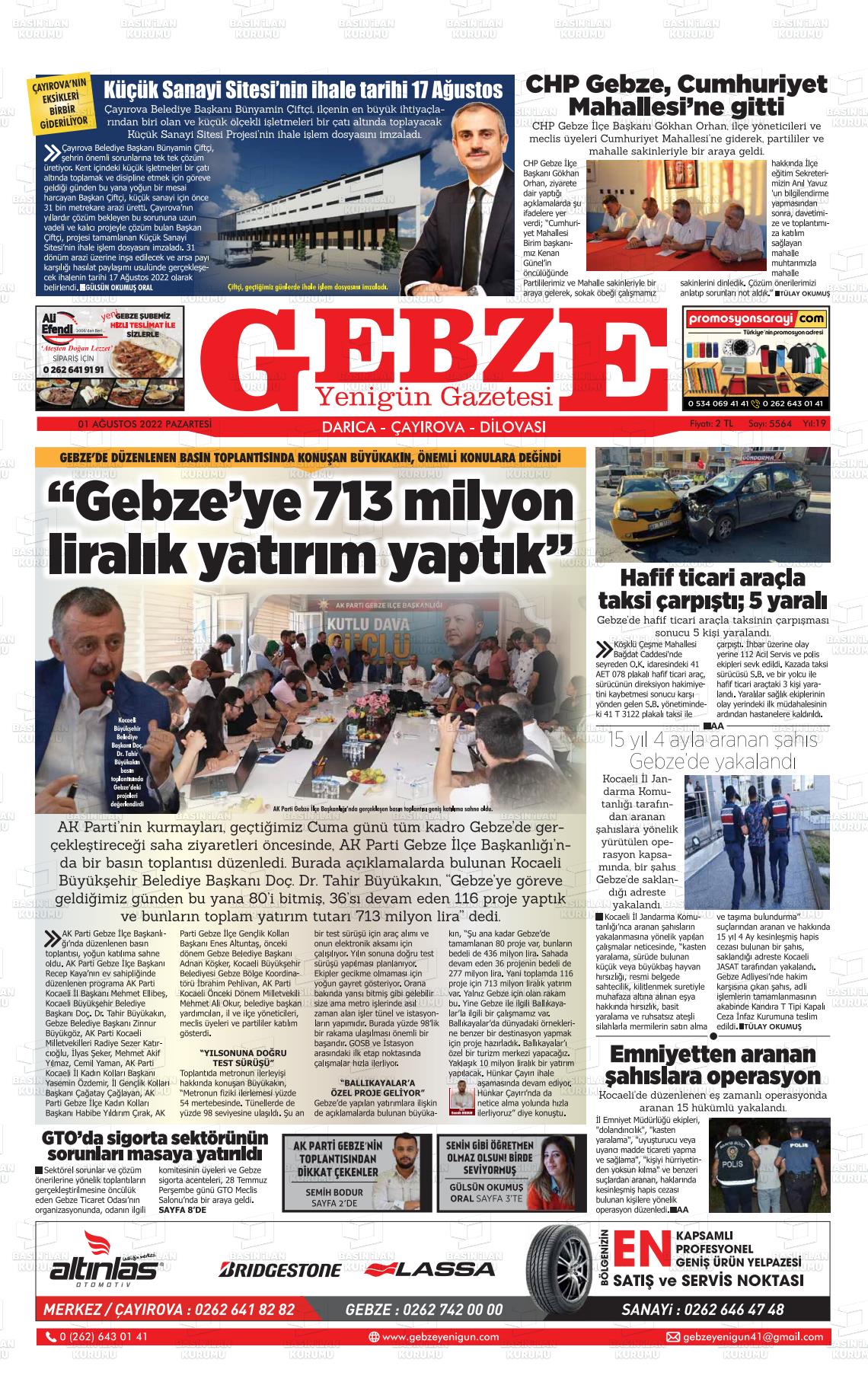 01 Ağustos 2022 Gebze Yenigün Gazete Manşeti