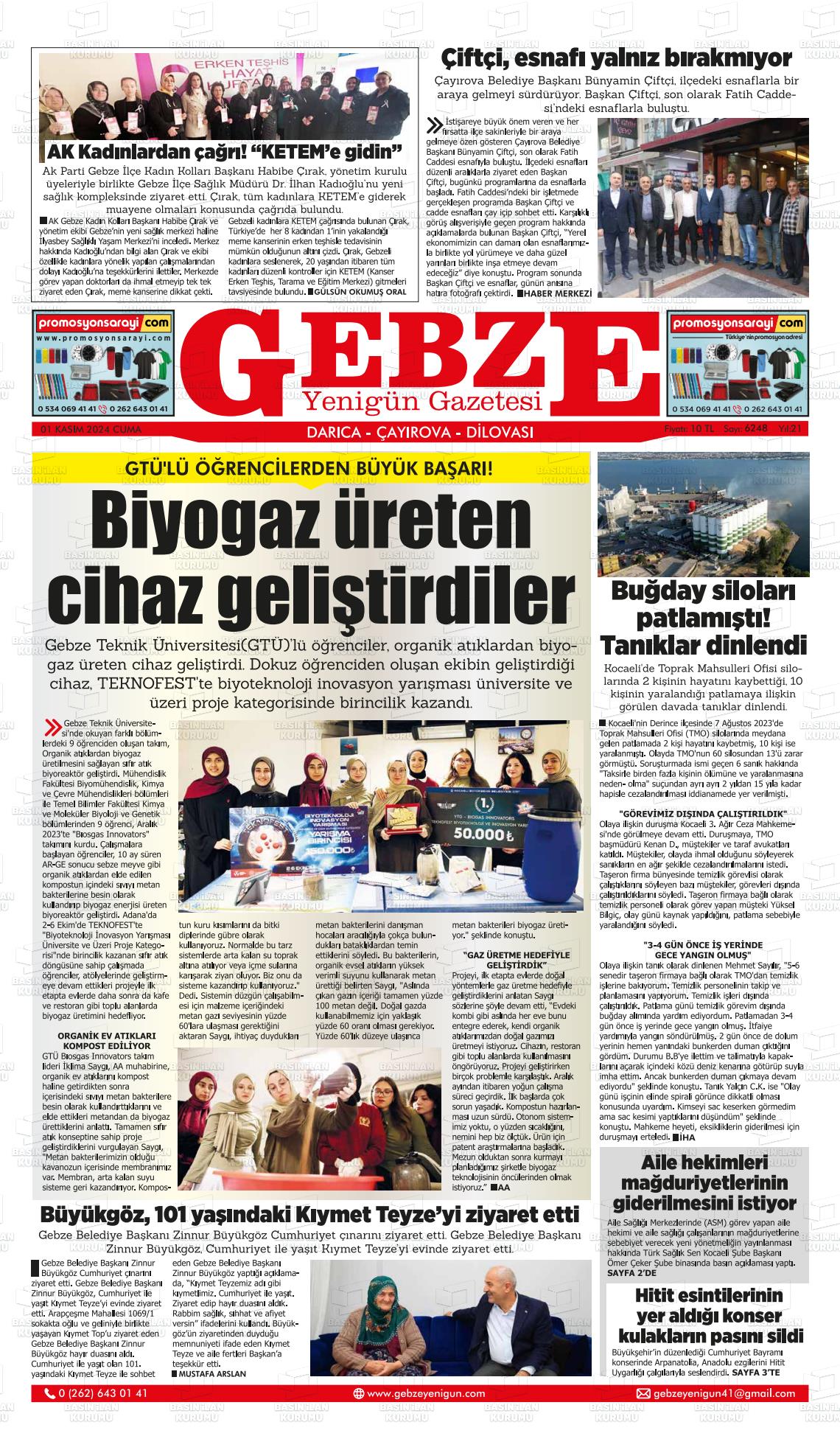 01 Kasım 2024 Gebze Yenigün Gazete Manşeti