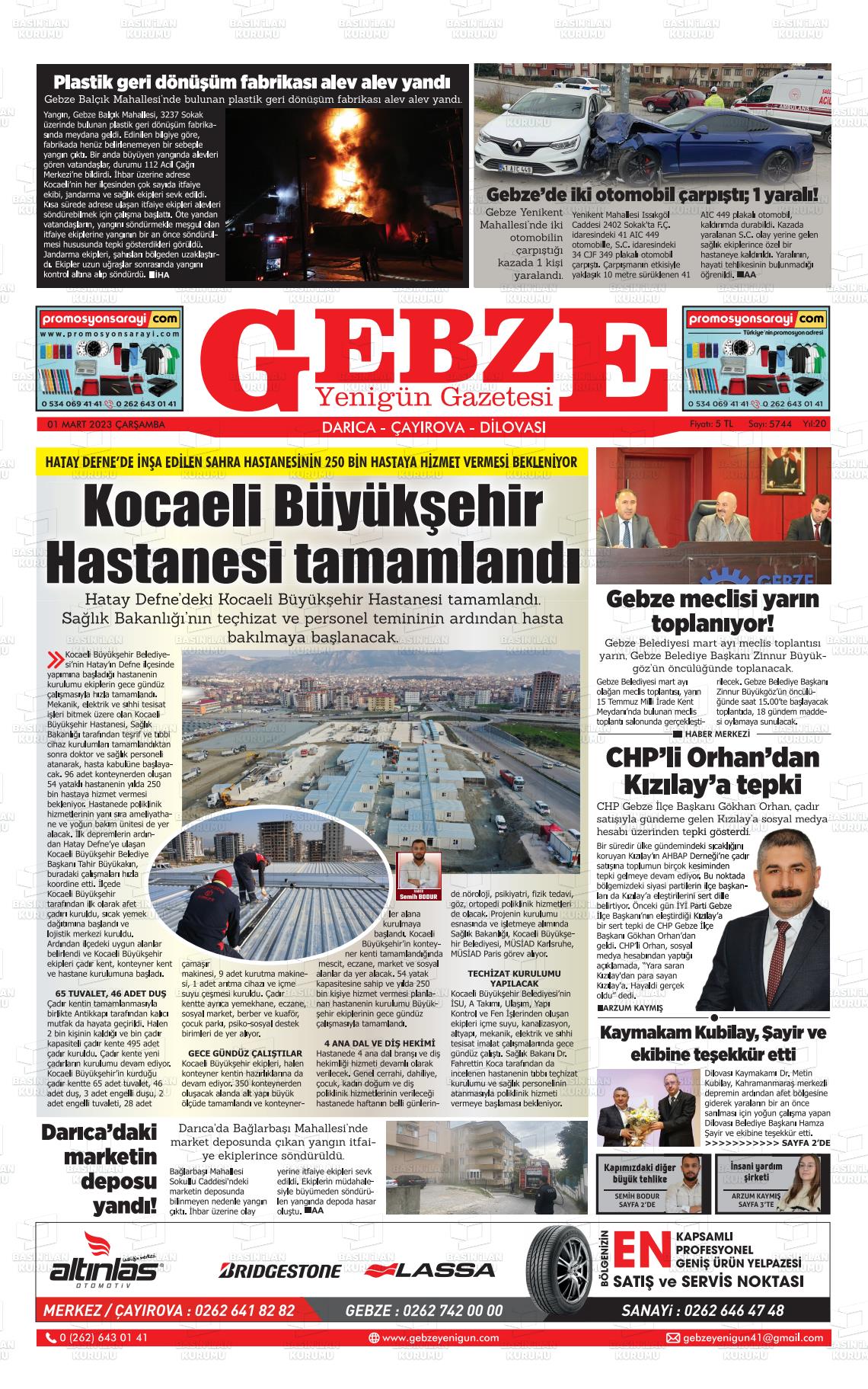 01 Mart 2023 Gebze Yenigün Gazete Manşeti