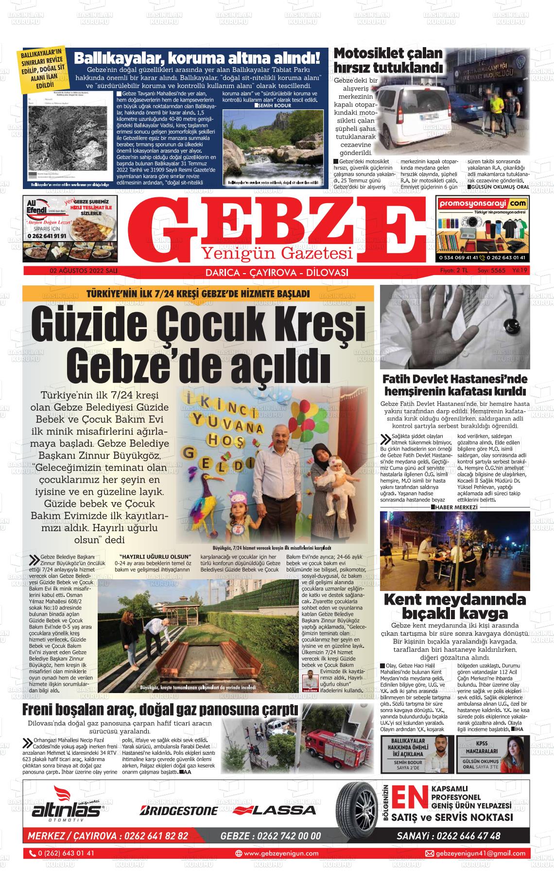 02 Ağustos 2022 Gebze Yenigün Gazete Manşeti